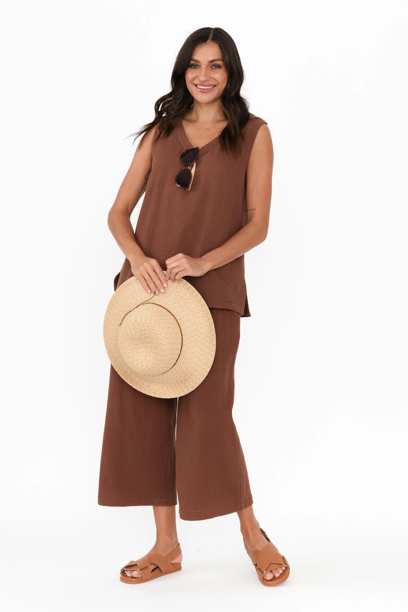 Hobart Mocha Cotton Cheesecloth Cropped Pants