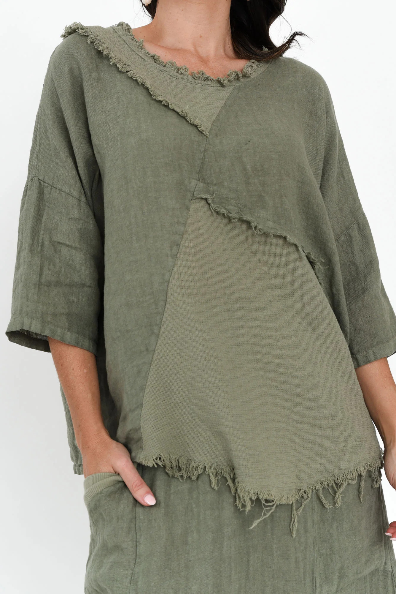 Denae Khaki Linen Frayed Top