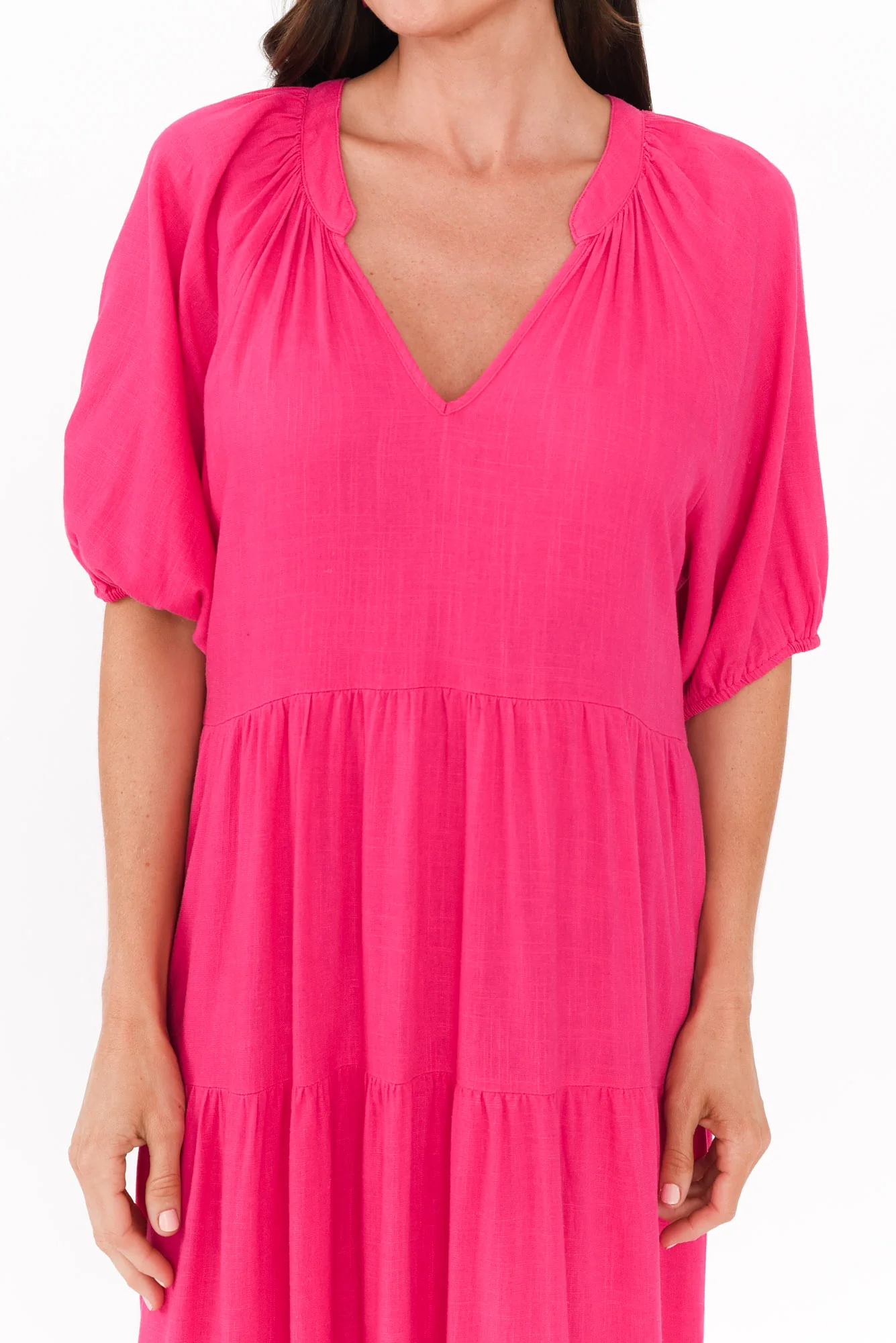 Imogene Hot Pink Cotton Linen Tiered Dress