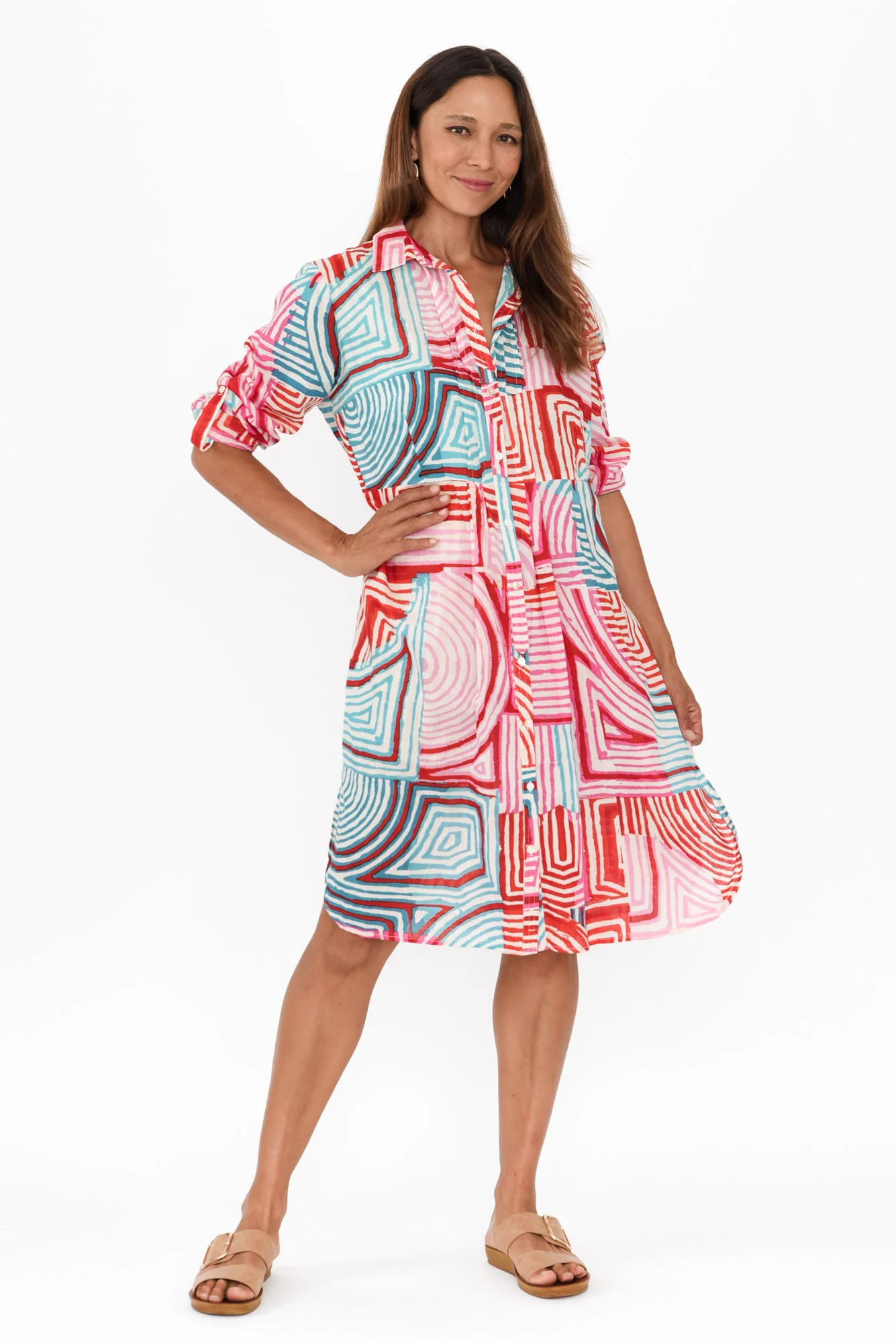 Maya Pink Geo Cotton Shirt Dress