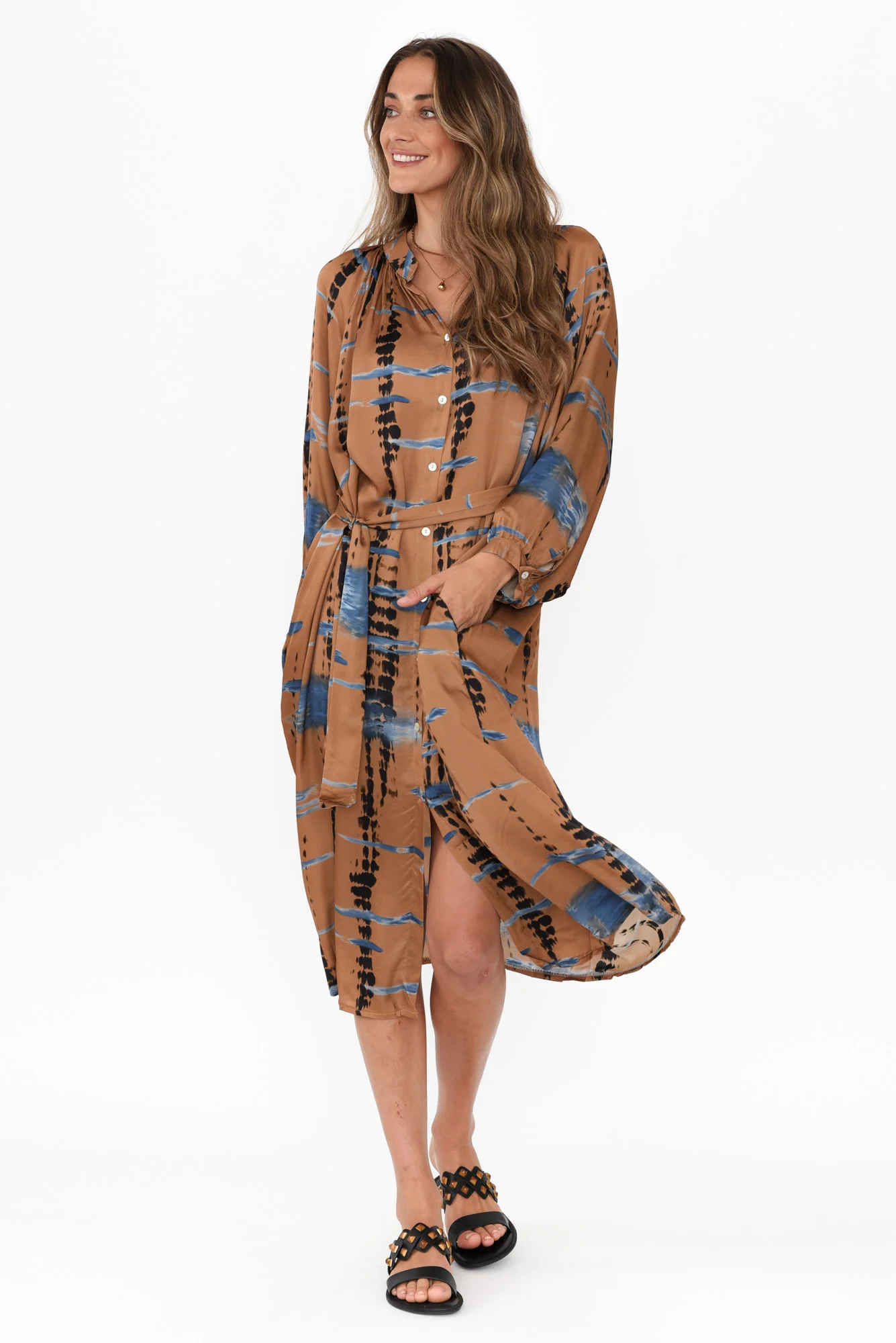 Hills Tan Abstract Silk Blend Dress