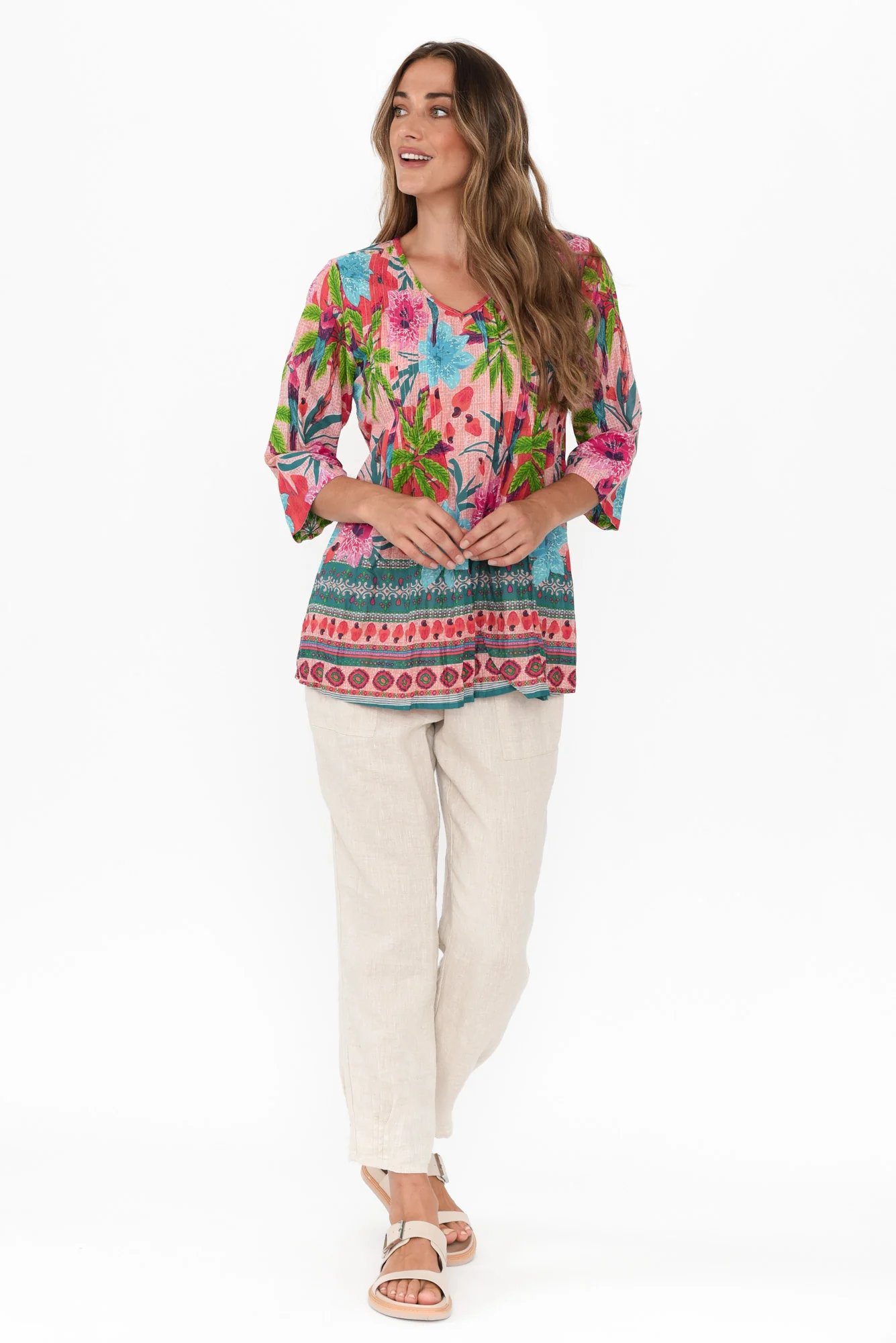 Fia Pink Palm Sleeved Crinkle Cotton Top