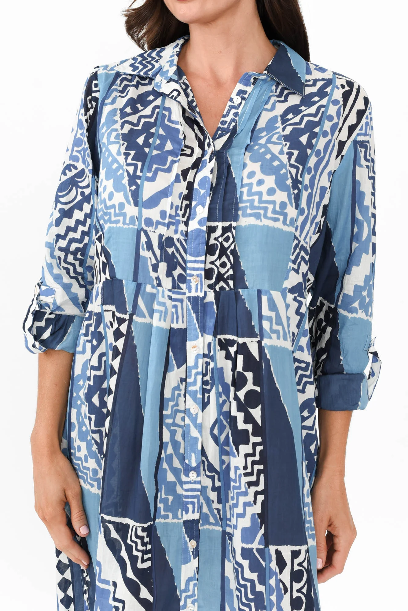 Maya Blue Motif Cotton Shirt Dress