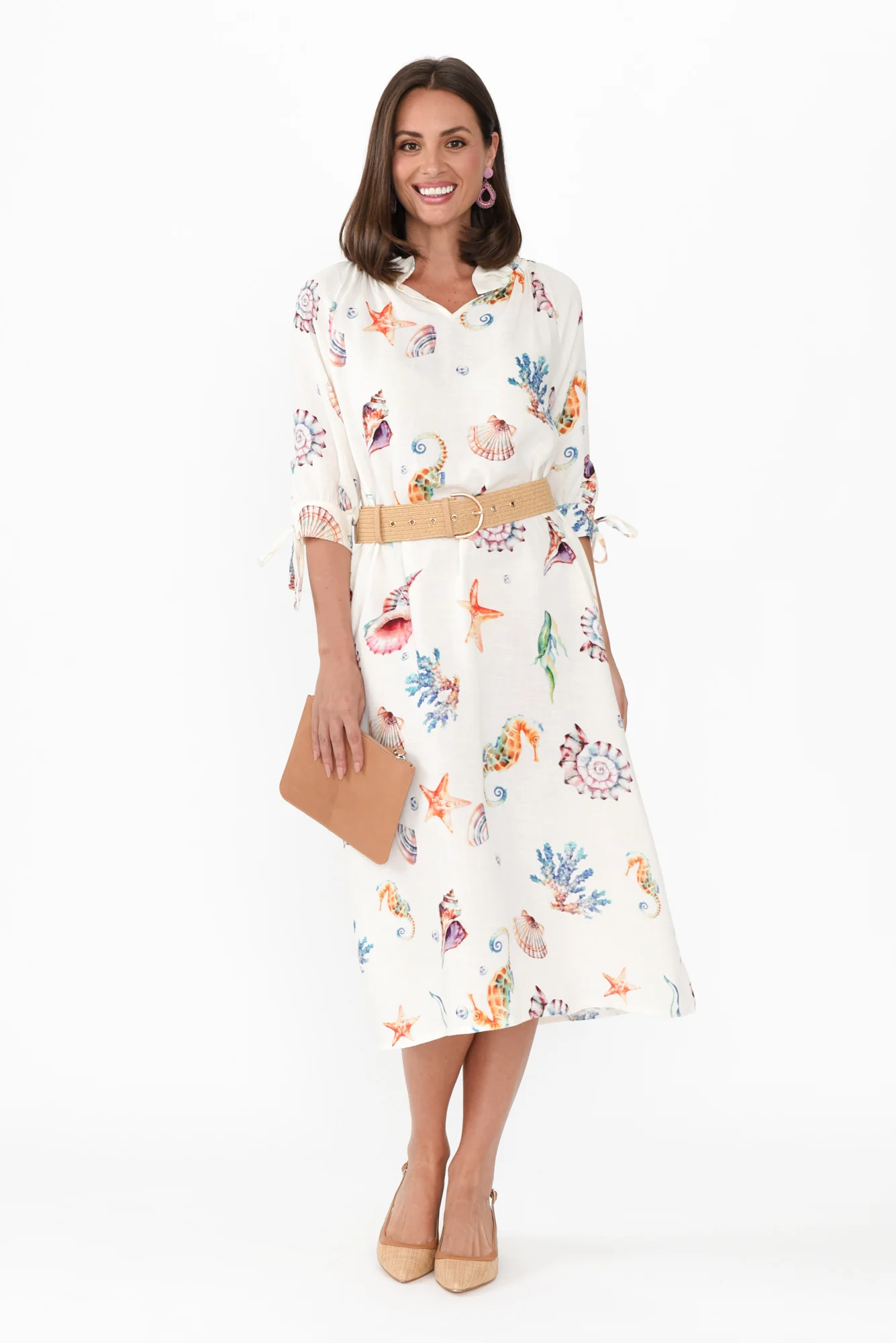 Mariel White Seashell Linen Blend Dress