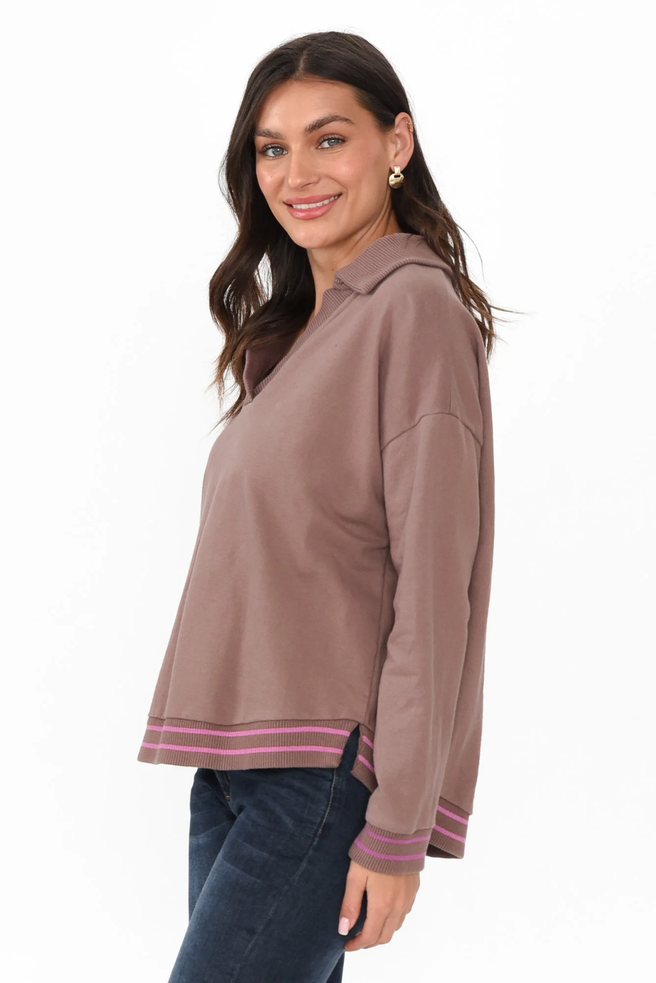 Katra Brown Trim Cotton Blend Top