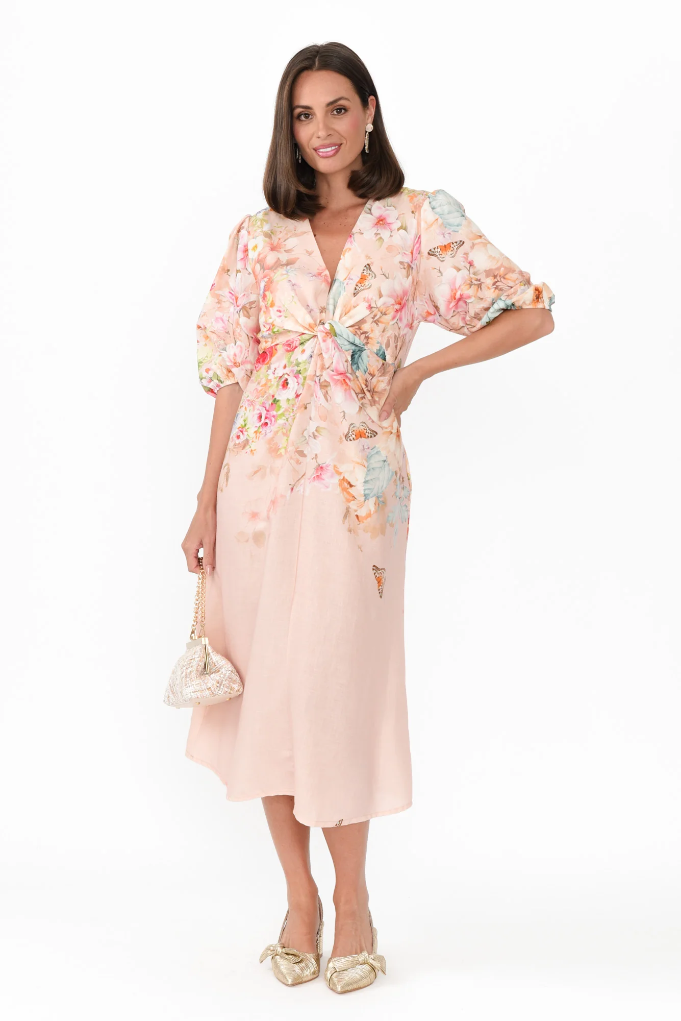 Jiselle Pink Floral Linen Blend Dress