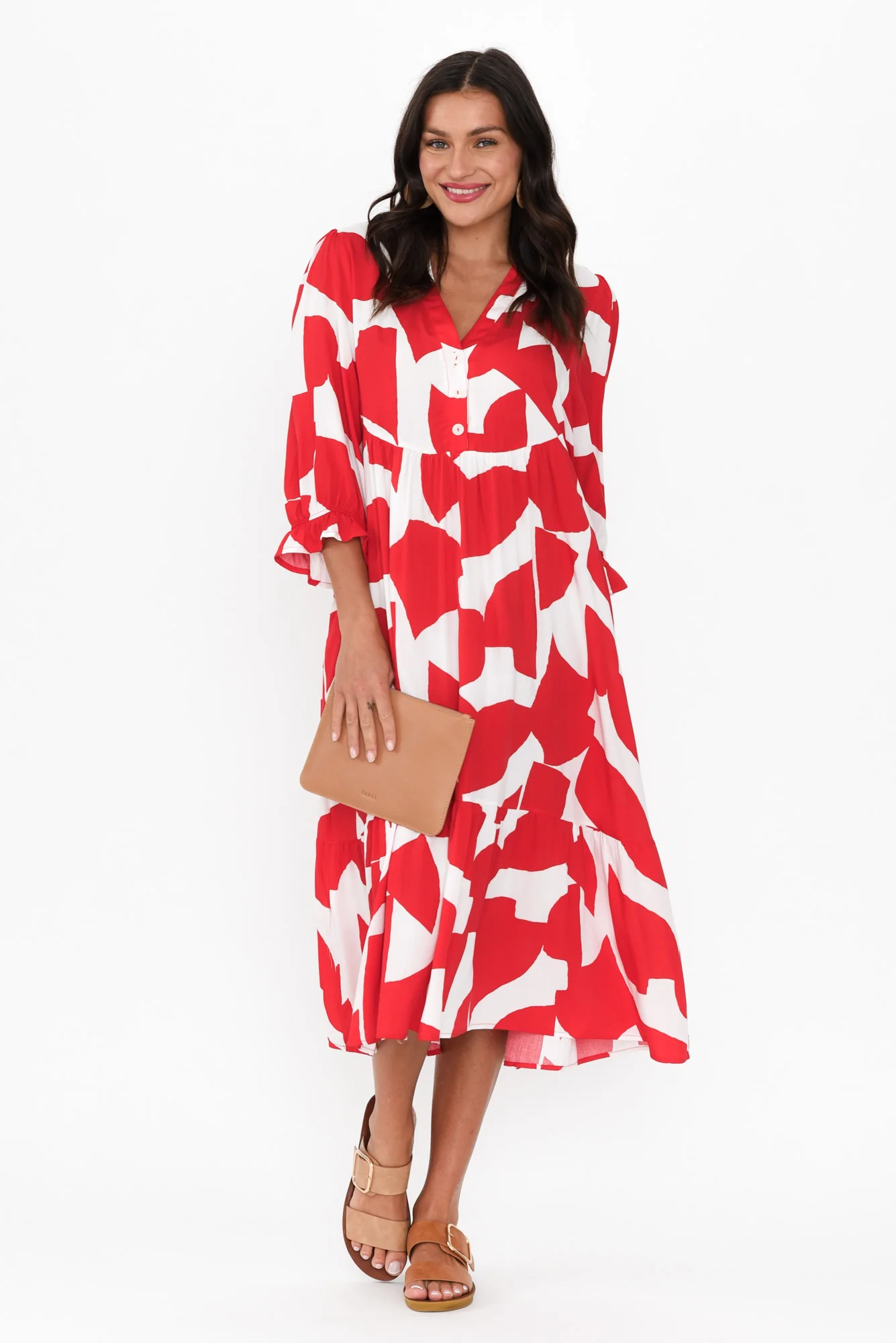Leela Red Abstract Sleeved Dress