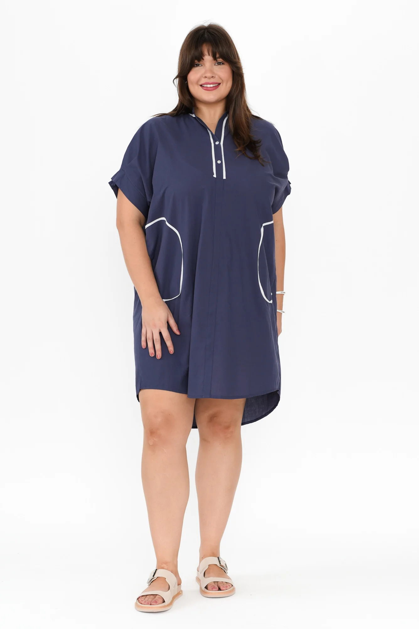 Ellen Navy Contrast Cotton Poplin Dress