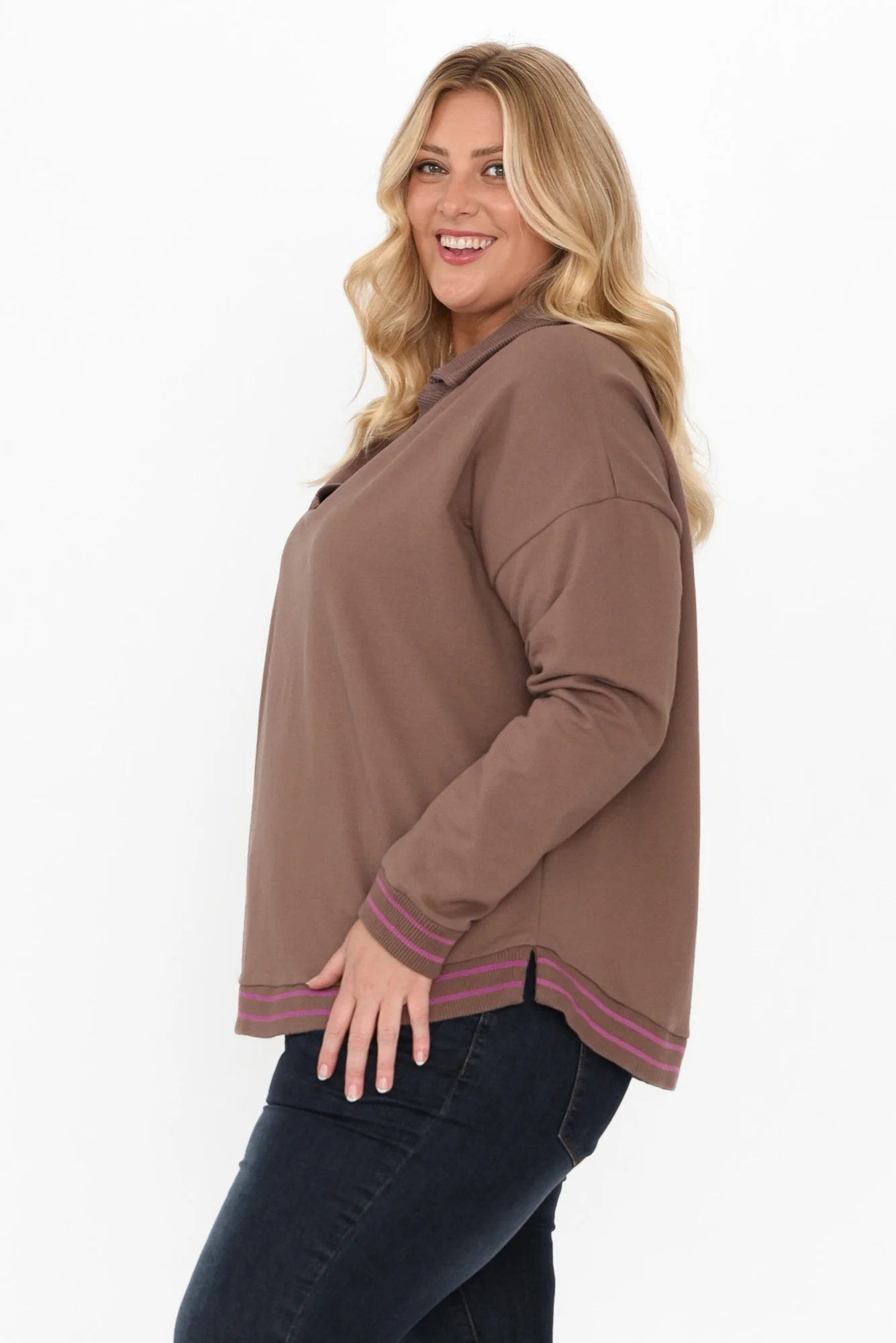 Katra Brown Trim Cotton Blend Top