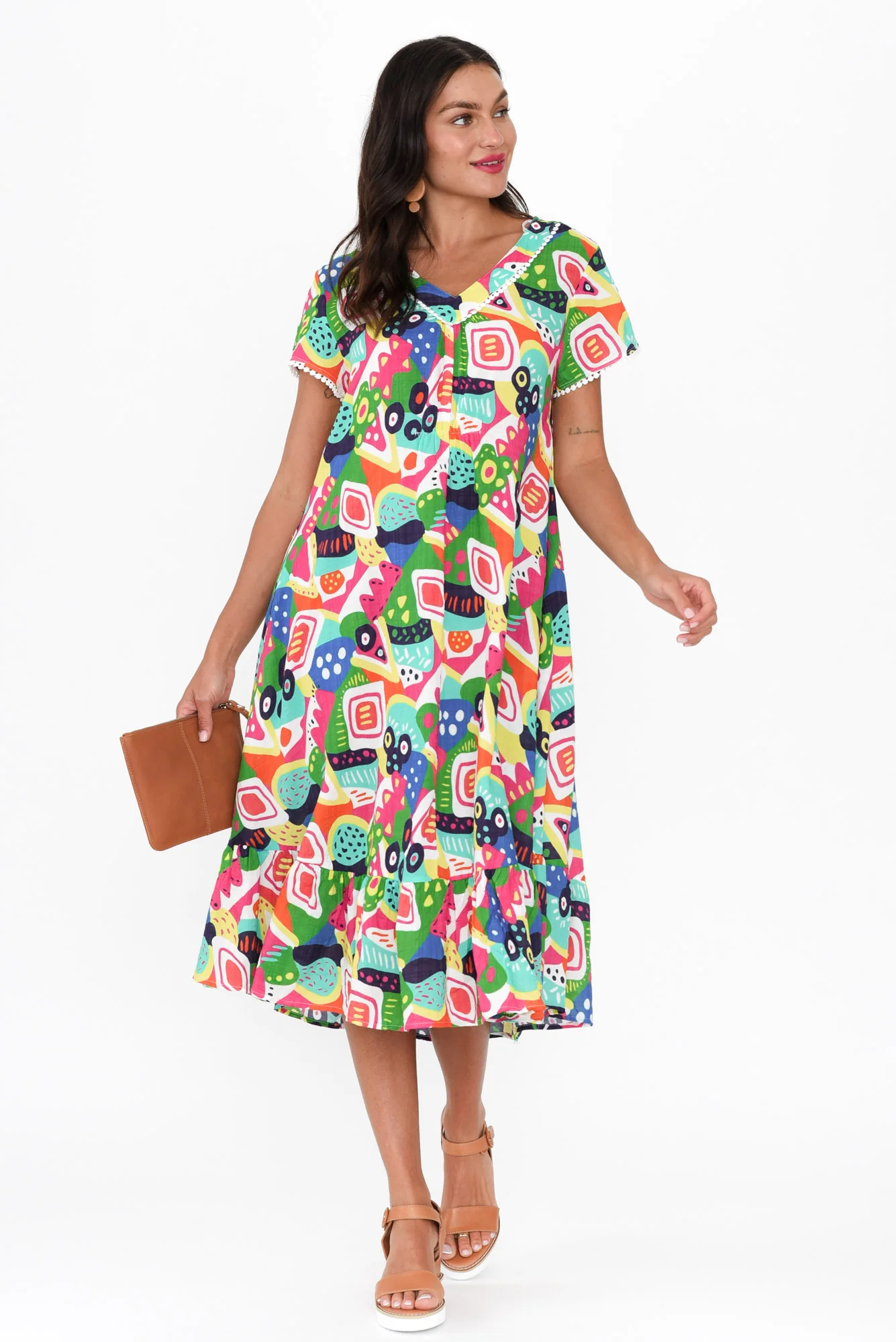 Katika Green Abstract Cotton V Neck Dress