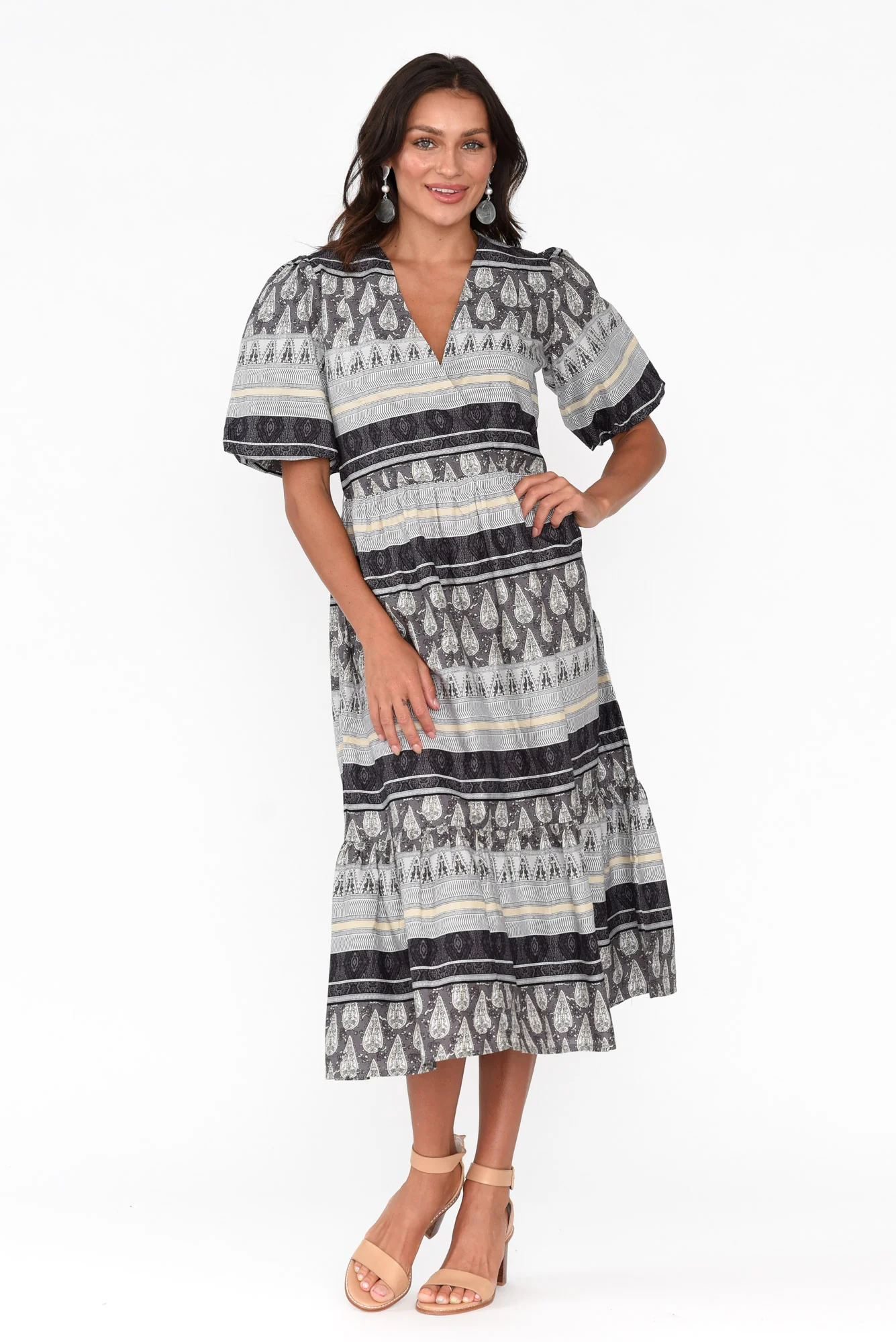 Mai Black Geo Cotton Tie Dress