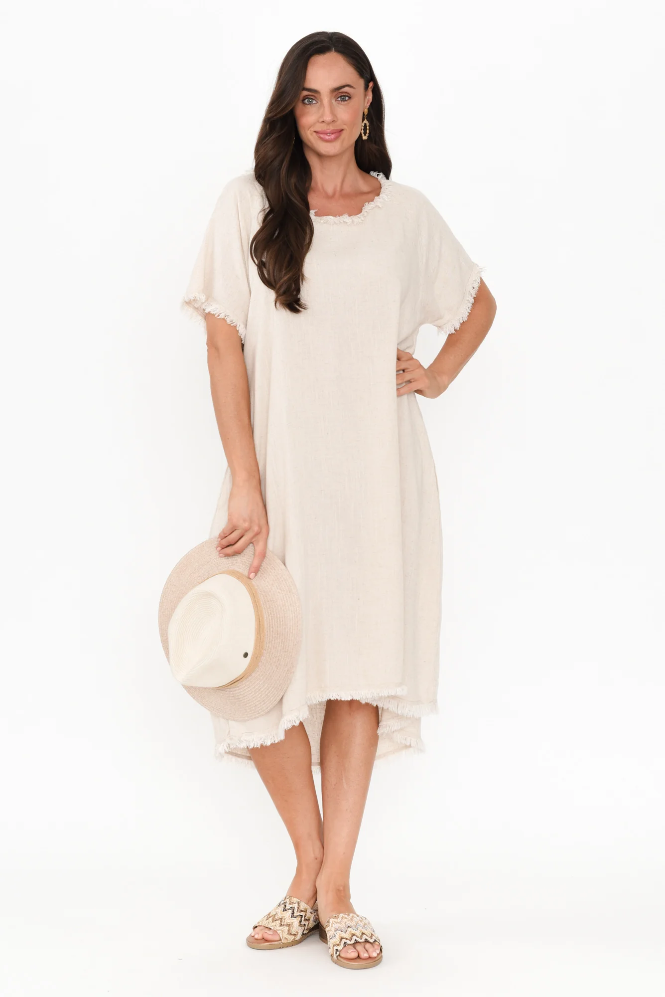 Humphrey Beige Cotton Linen Frayed Dress
