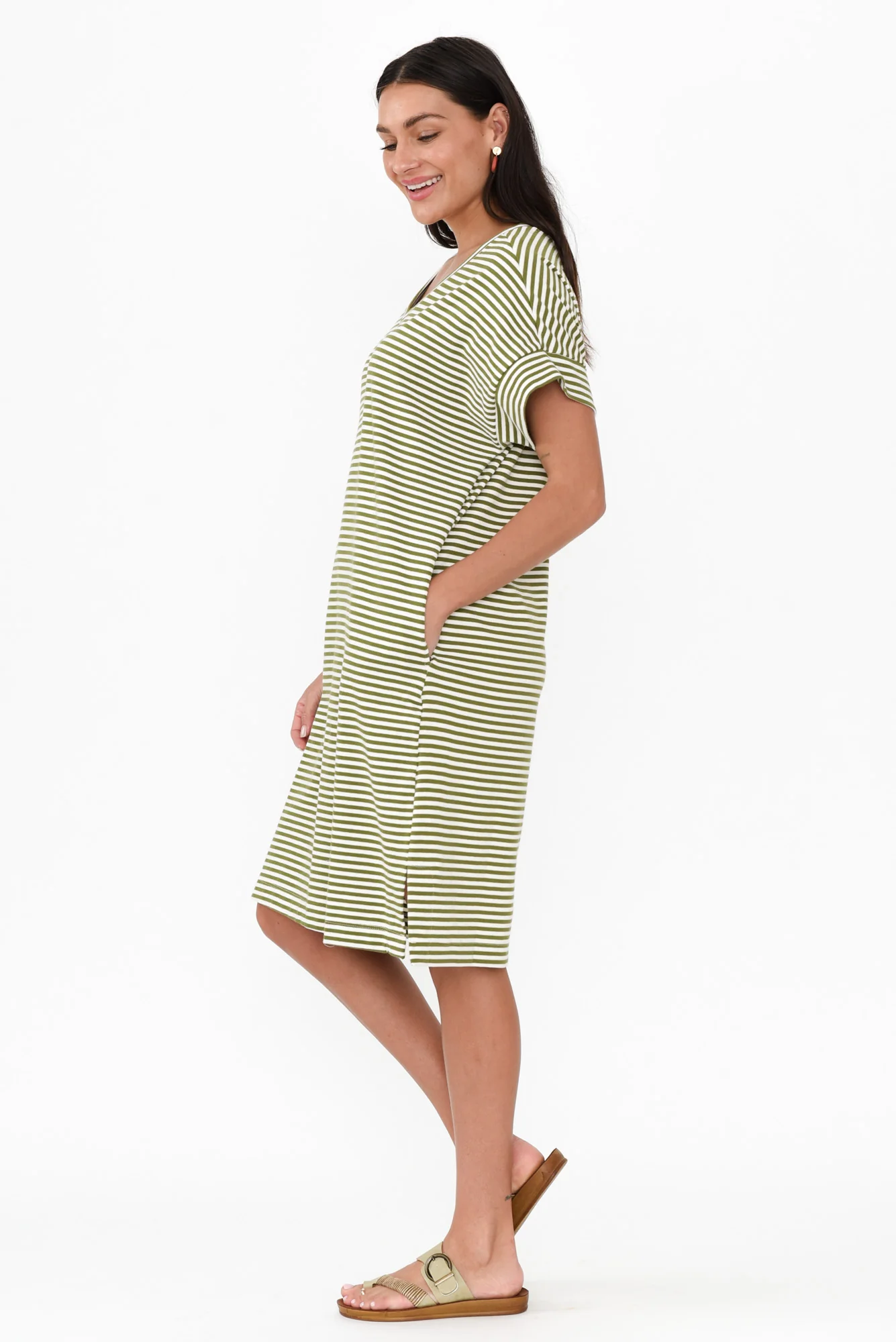 Elise Green Stripe V Neck T-Shirt Dress