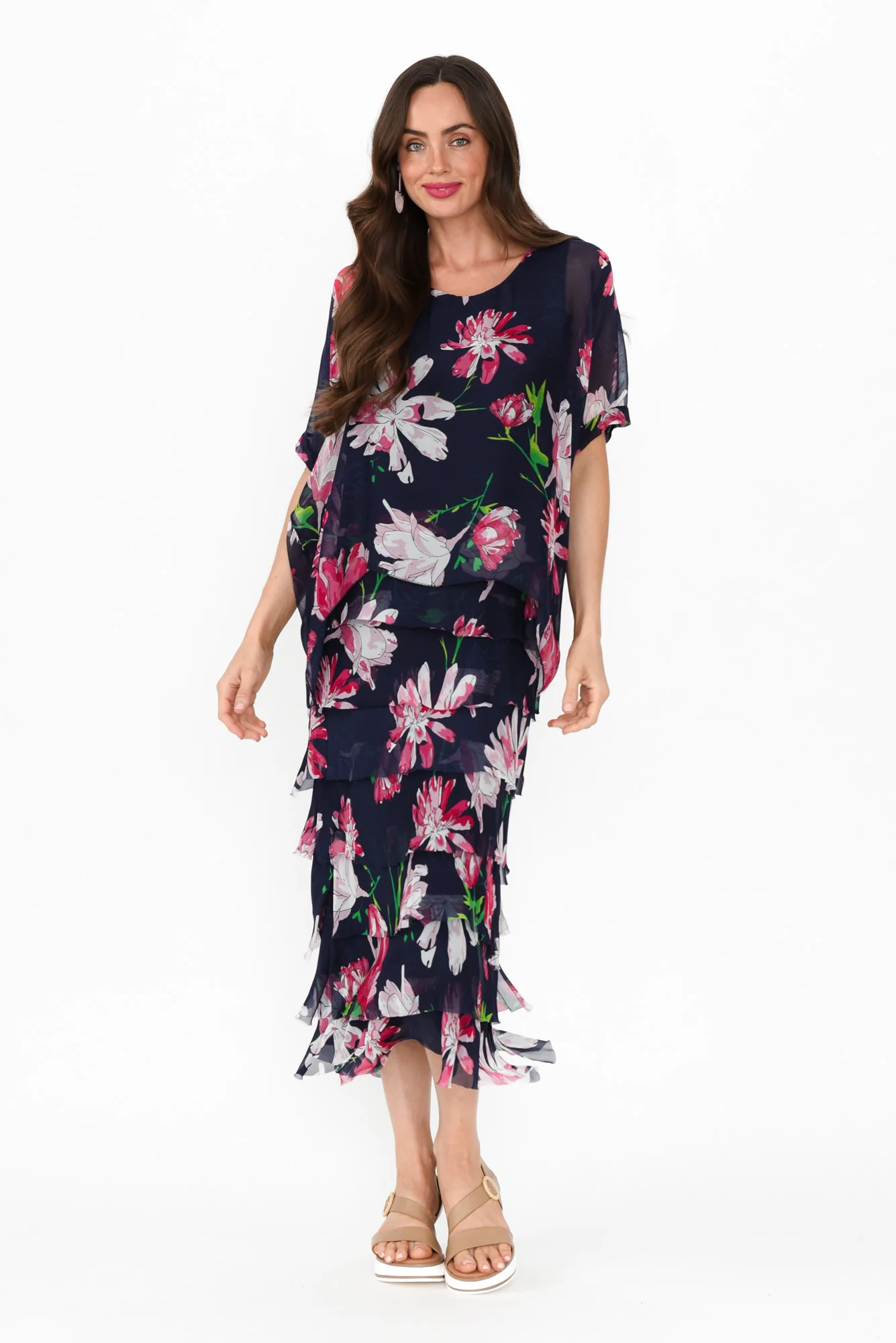 Katerina Navy Bloom Silk Overlay Maxi Dress