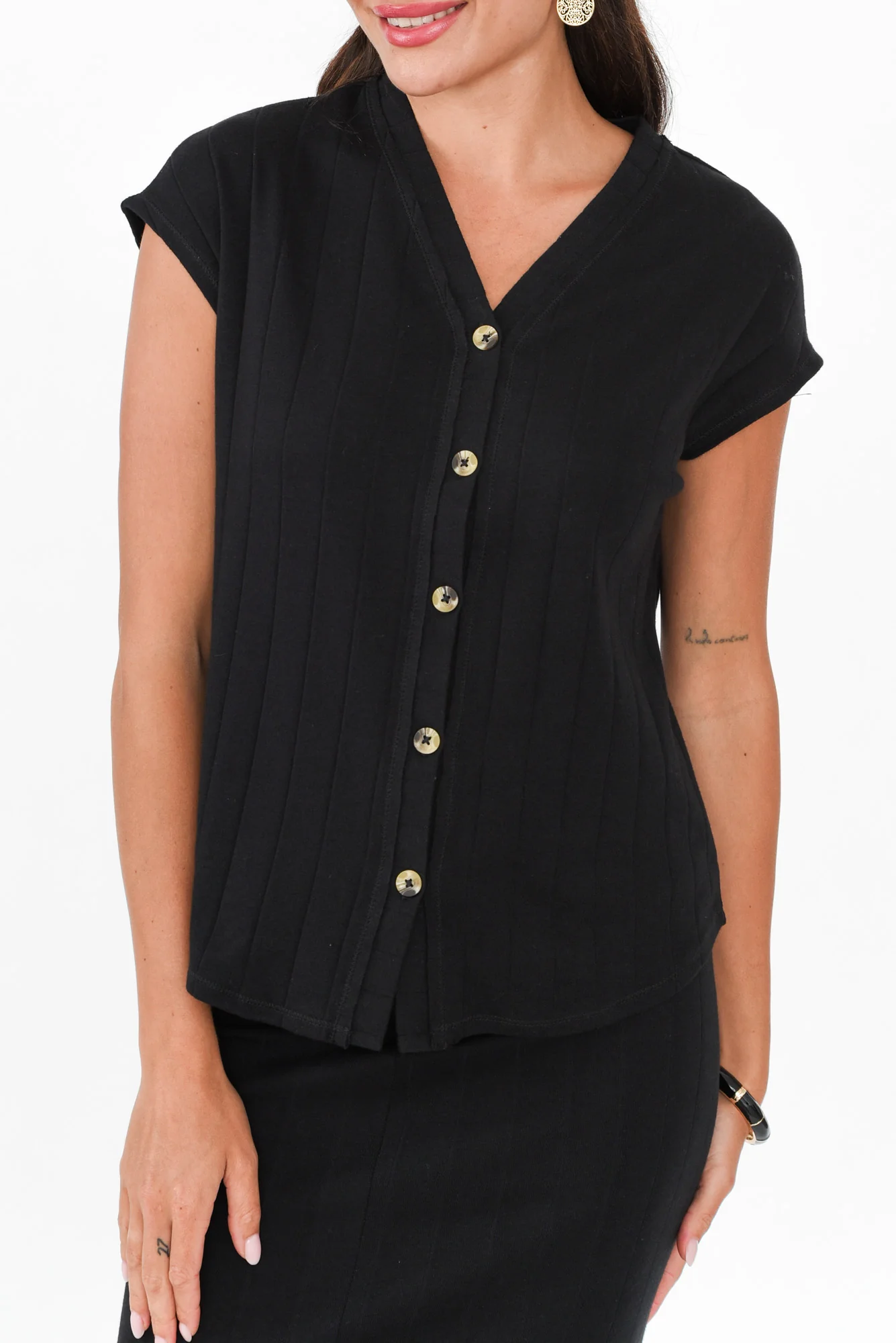 Dori Black Cotton Blend Ribbed Top