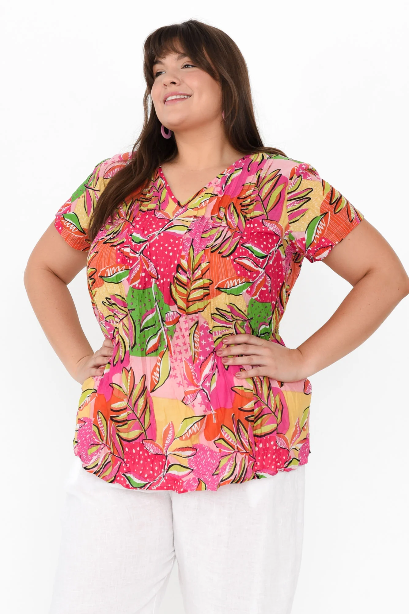 Fia Fuchsia Leaf Crinkle Cotton Top