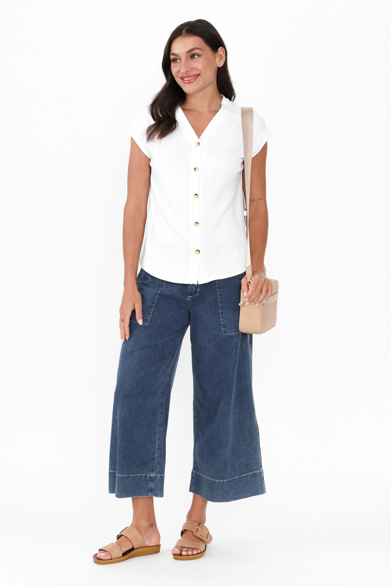 Dori White Cotton Blend Ribbed Top