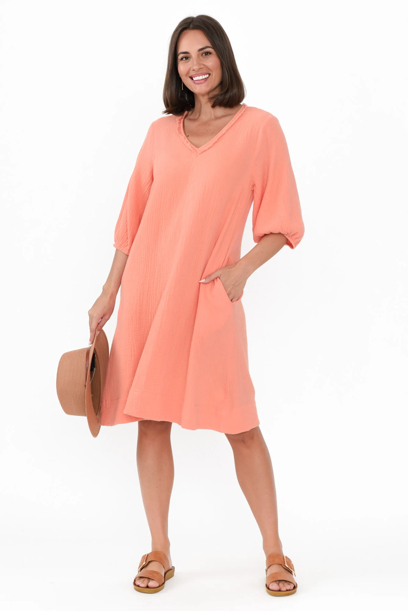 Cordelia Apricot Cotton Cheesecloth Pocket Dress