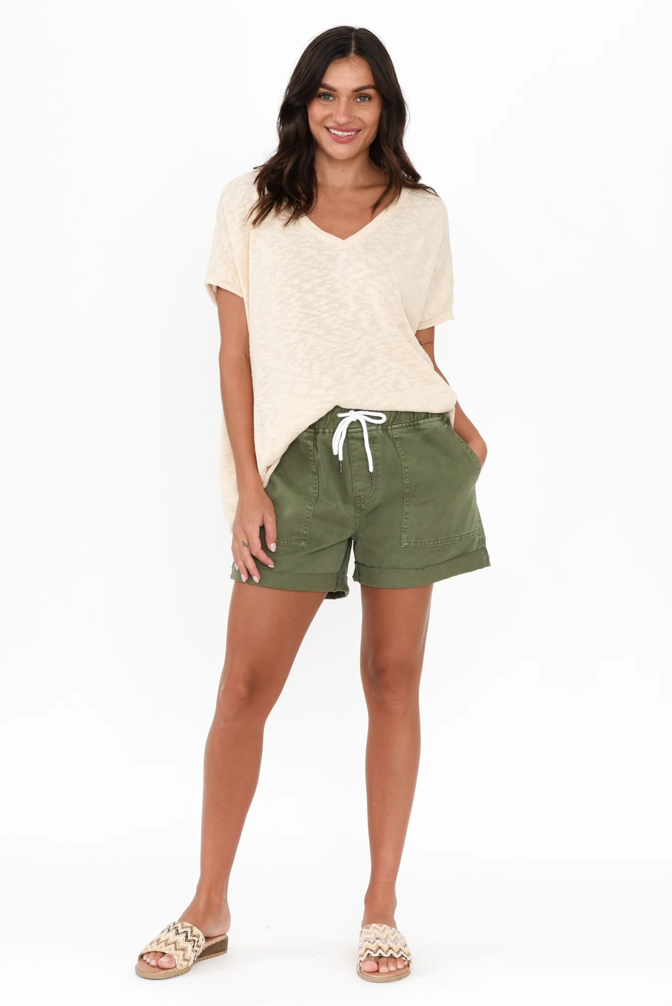 Emma Khaki Denim Relaxed Shorts
