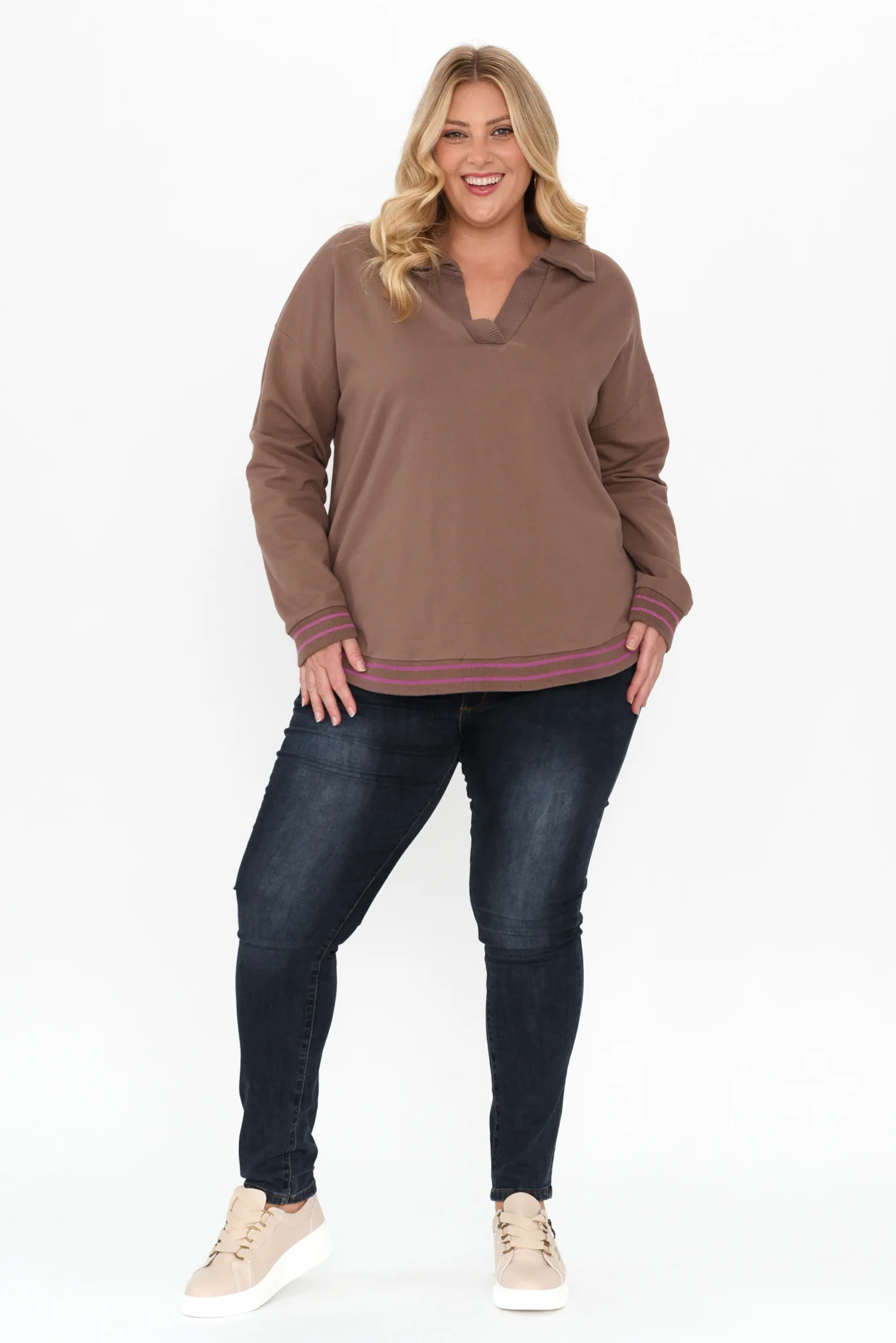 Katra Brown Trim Cotton Blend Top