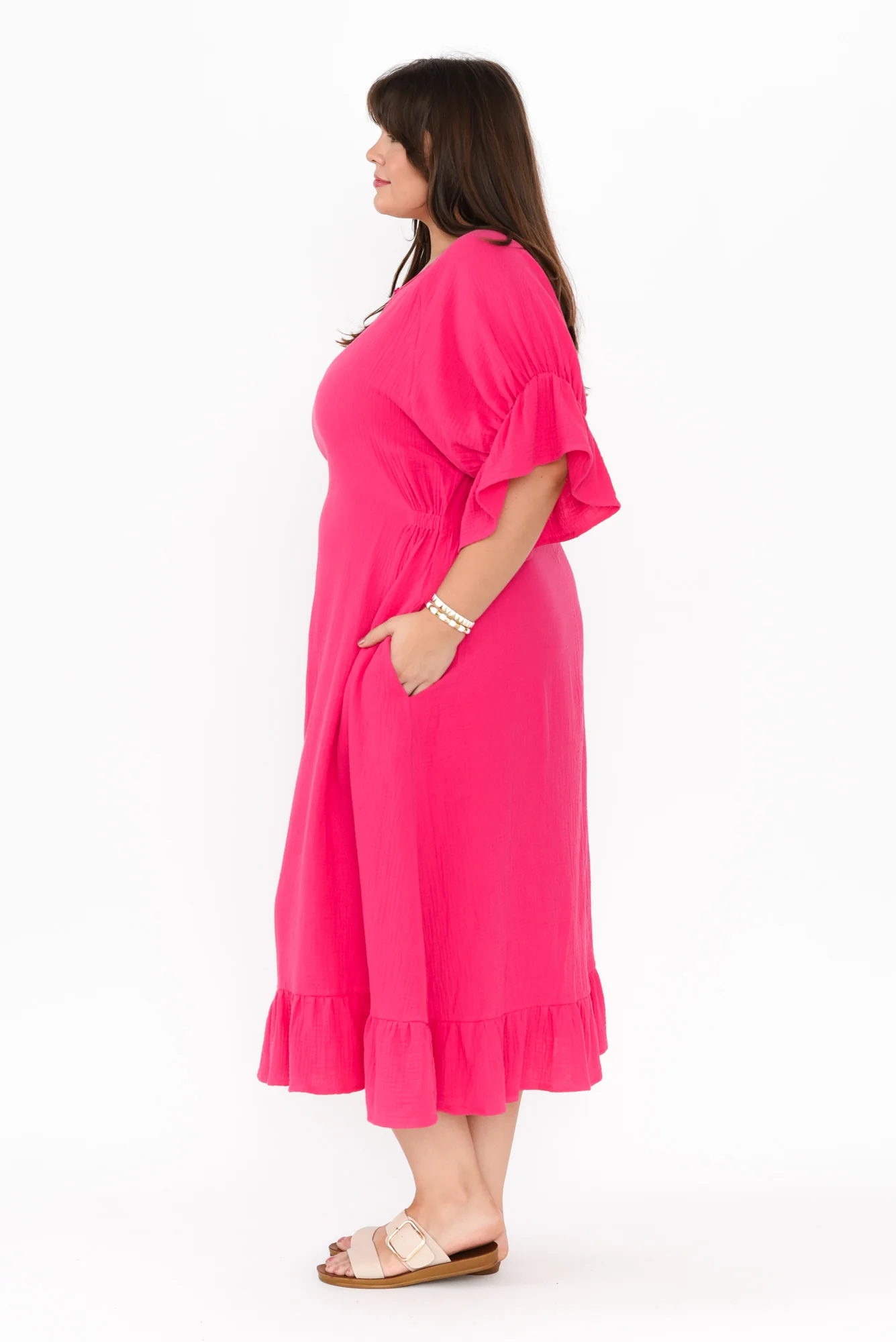 Lesi Fuchsia Cotton Cheesecloth Frill Dress