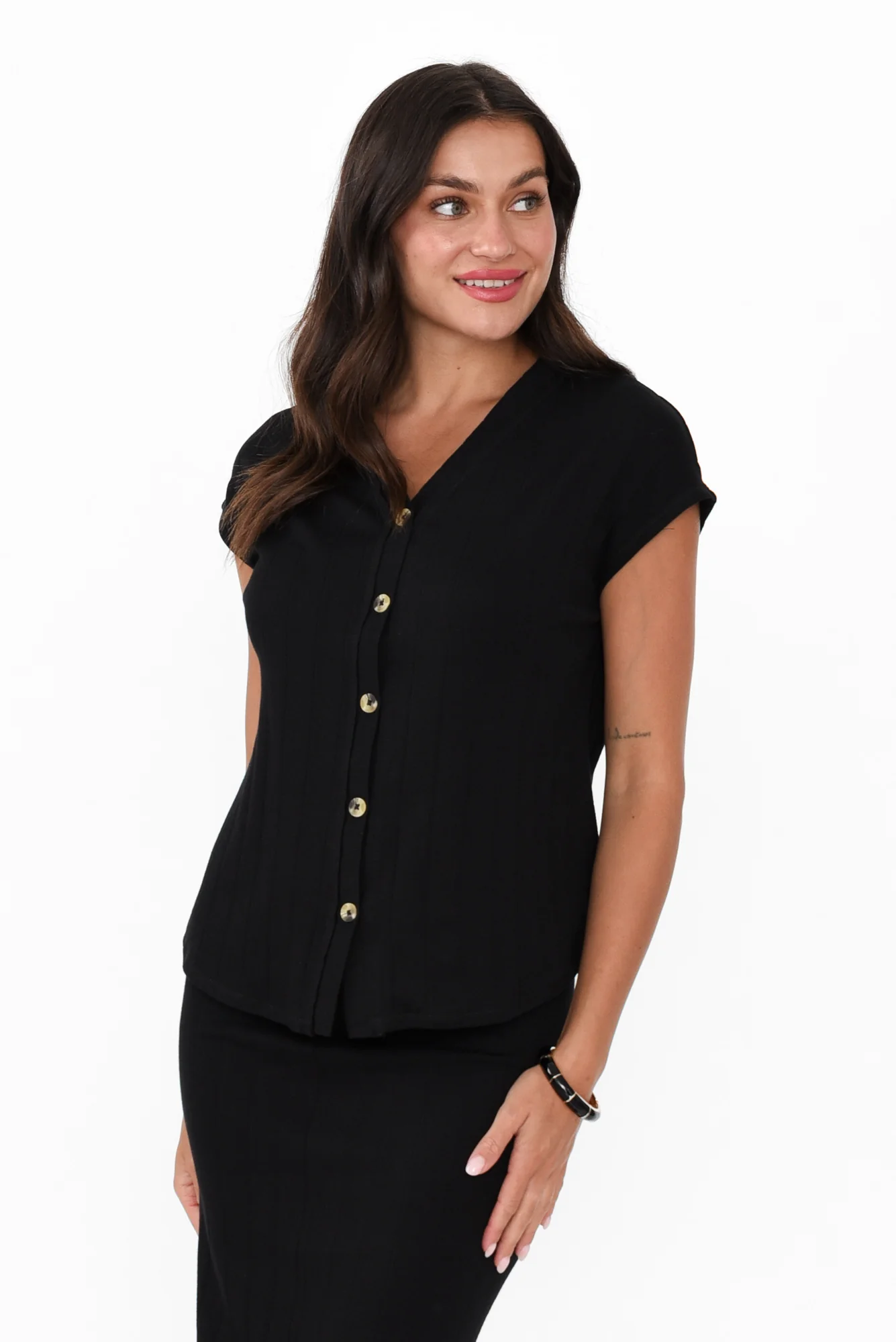Dori Black Cotton Blend Ribbed Top