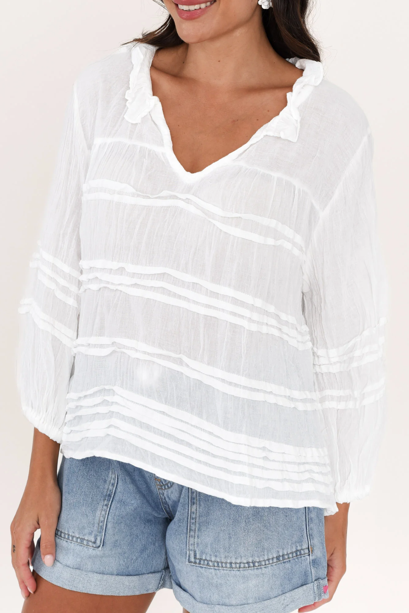 Palmer White Cotton Long Sleeve Top