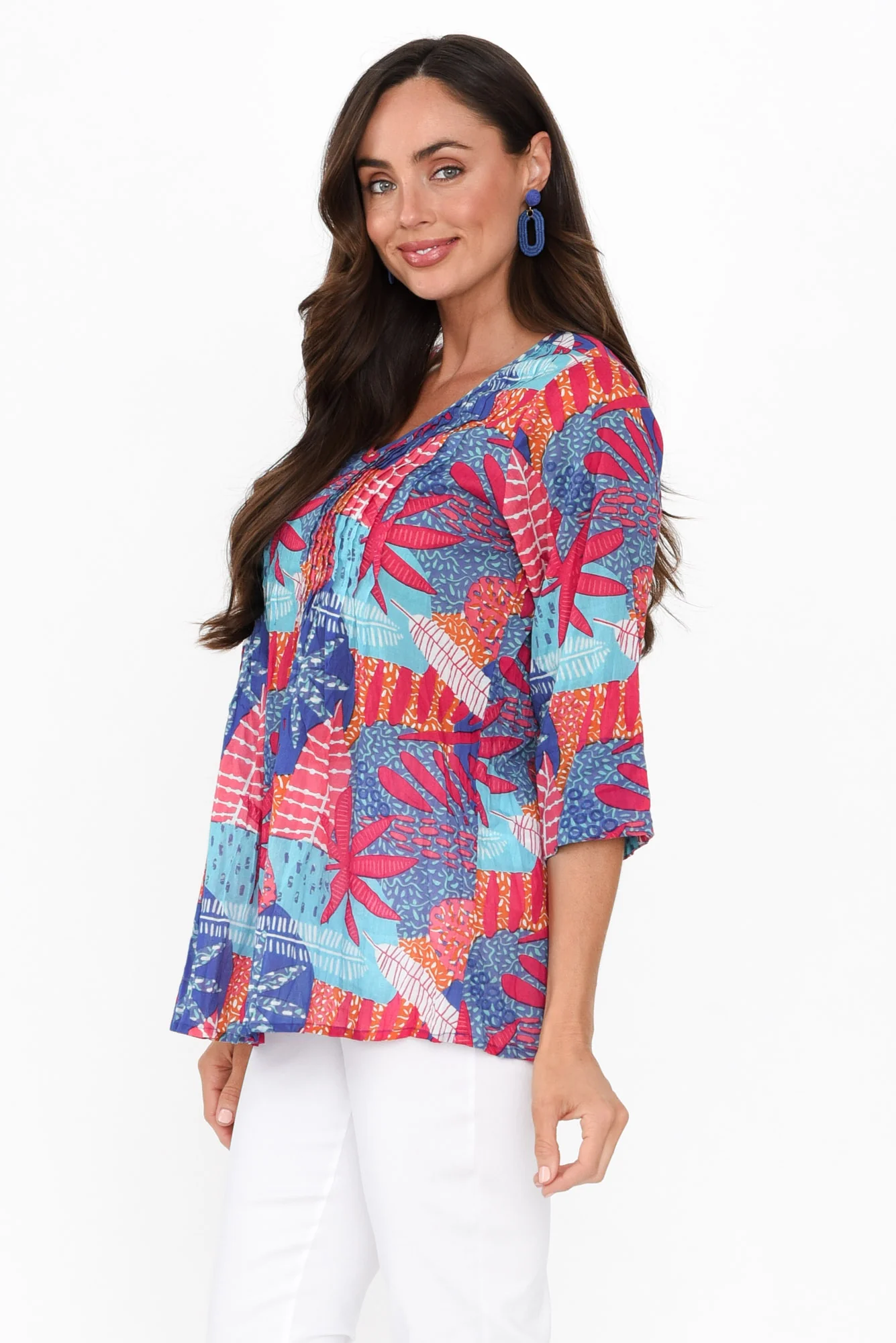 Fia Blue Leaf Sleeved Crinkle Cotton Top