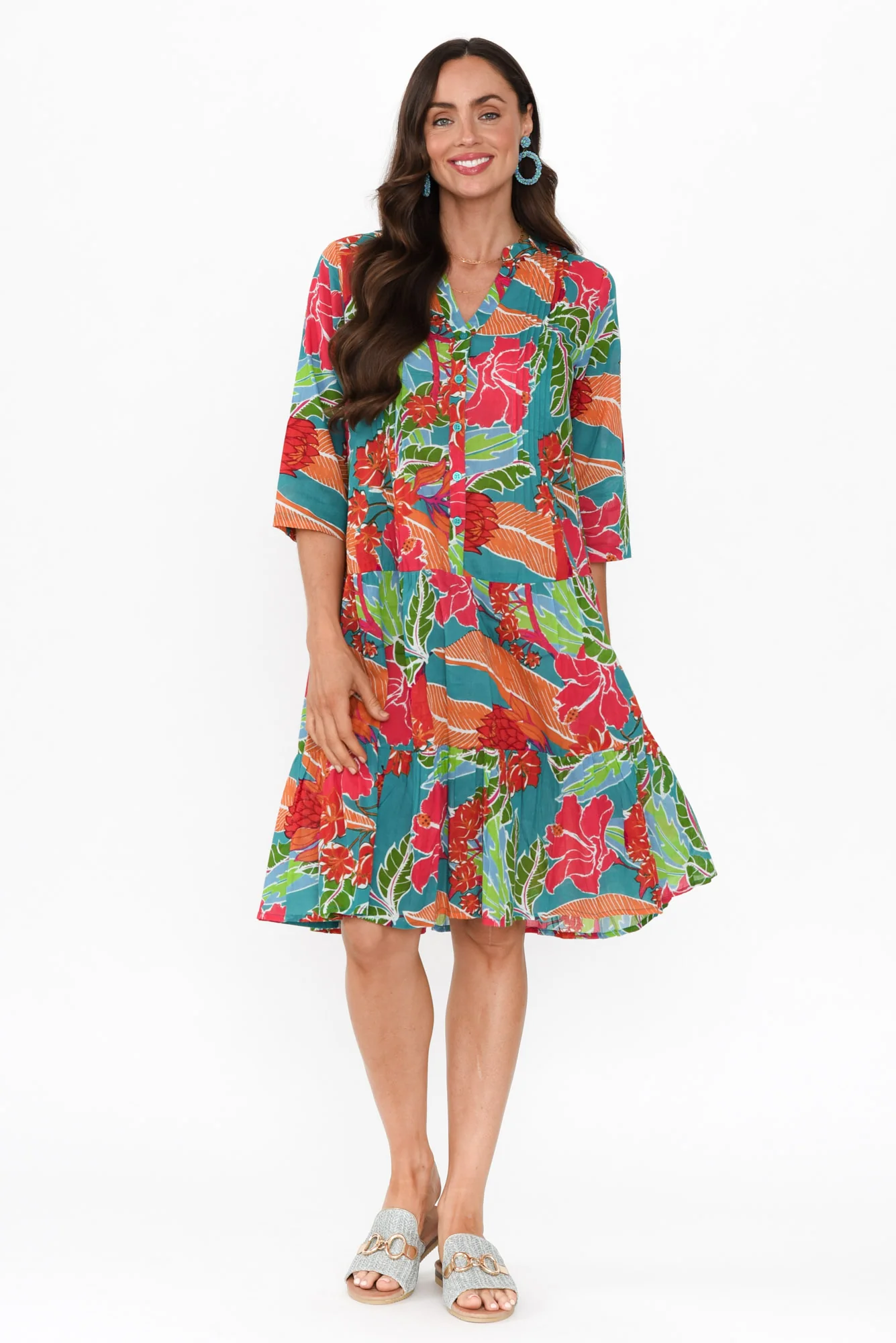 Larissa Emerald Tropical Cotton Pleated Dress