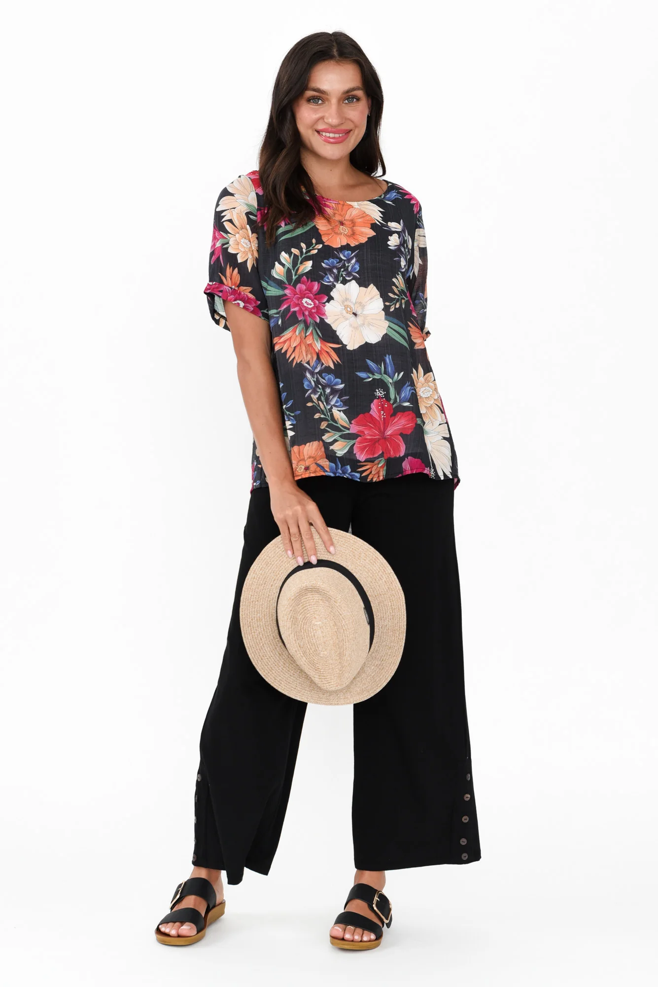 Perry Black Floral Button Top