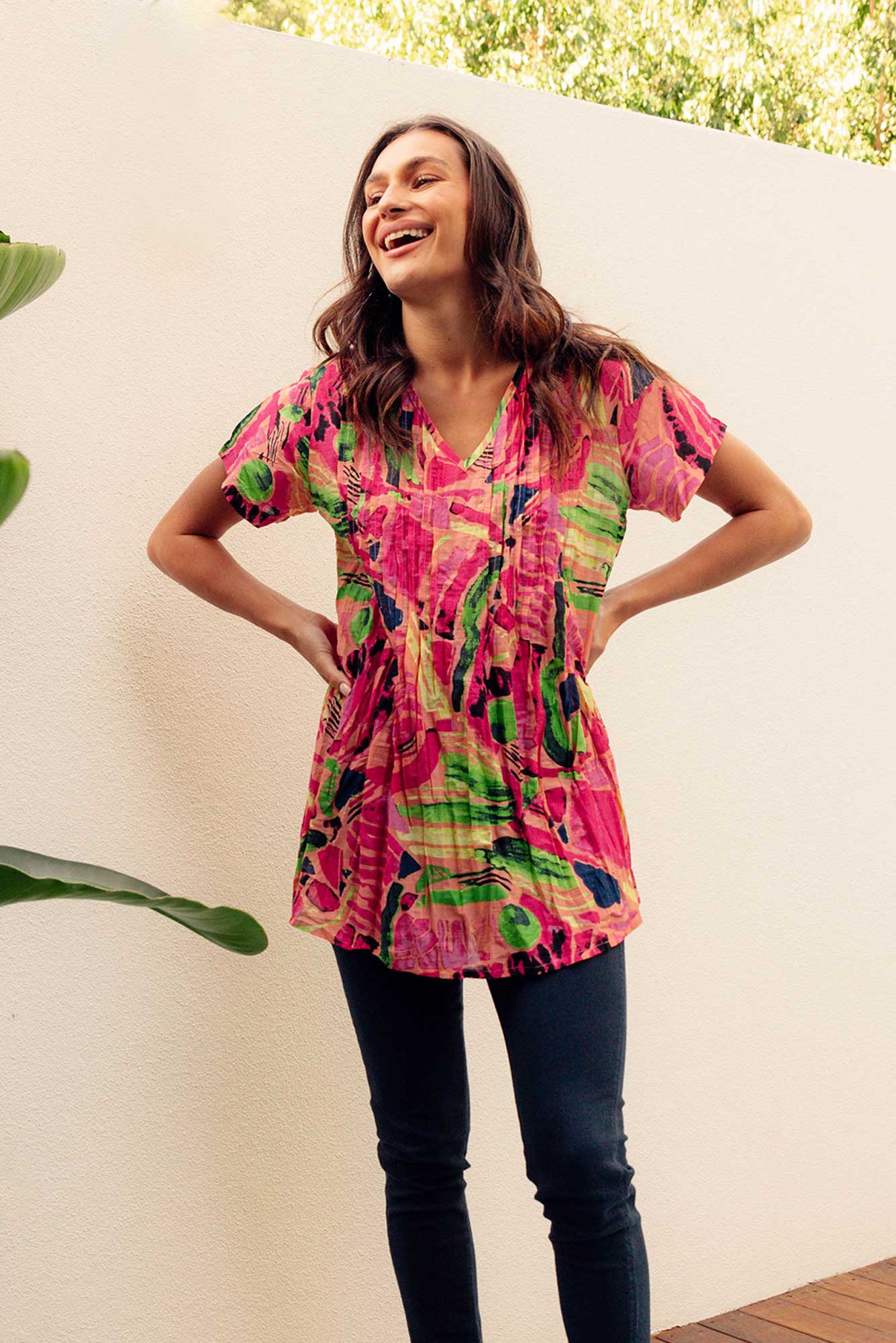 Fia Pink Mosaic Crinkle Cotton Top