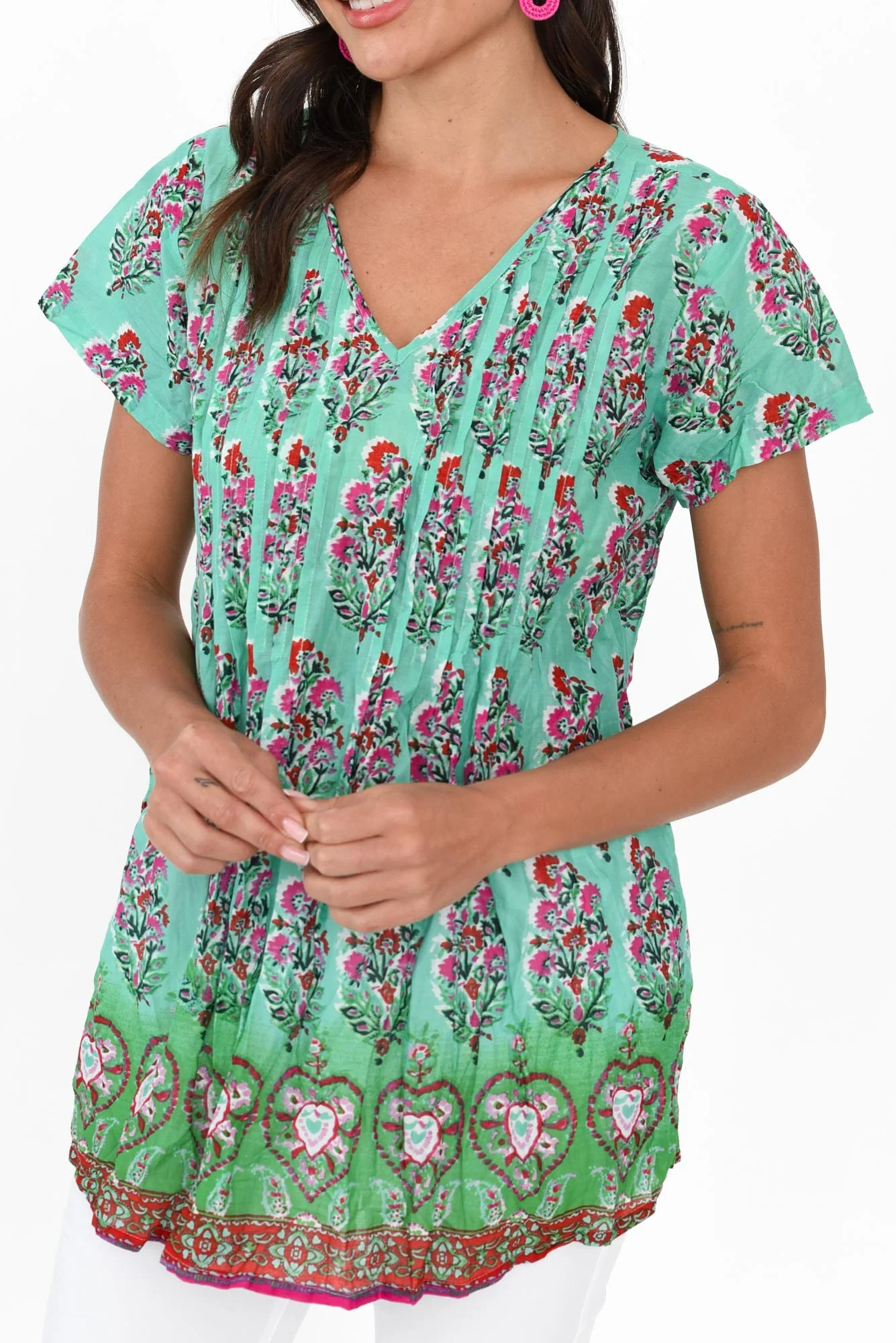 Fia Aqua Botanical Crinkle Cotton Top