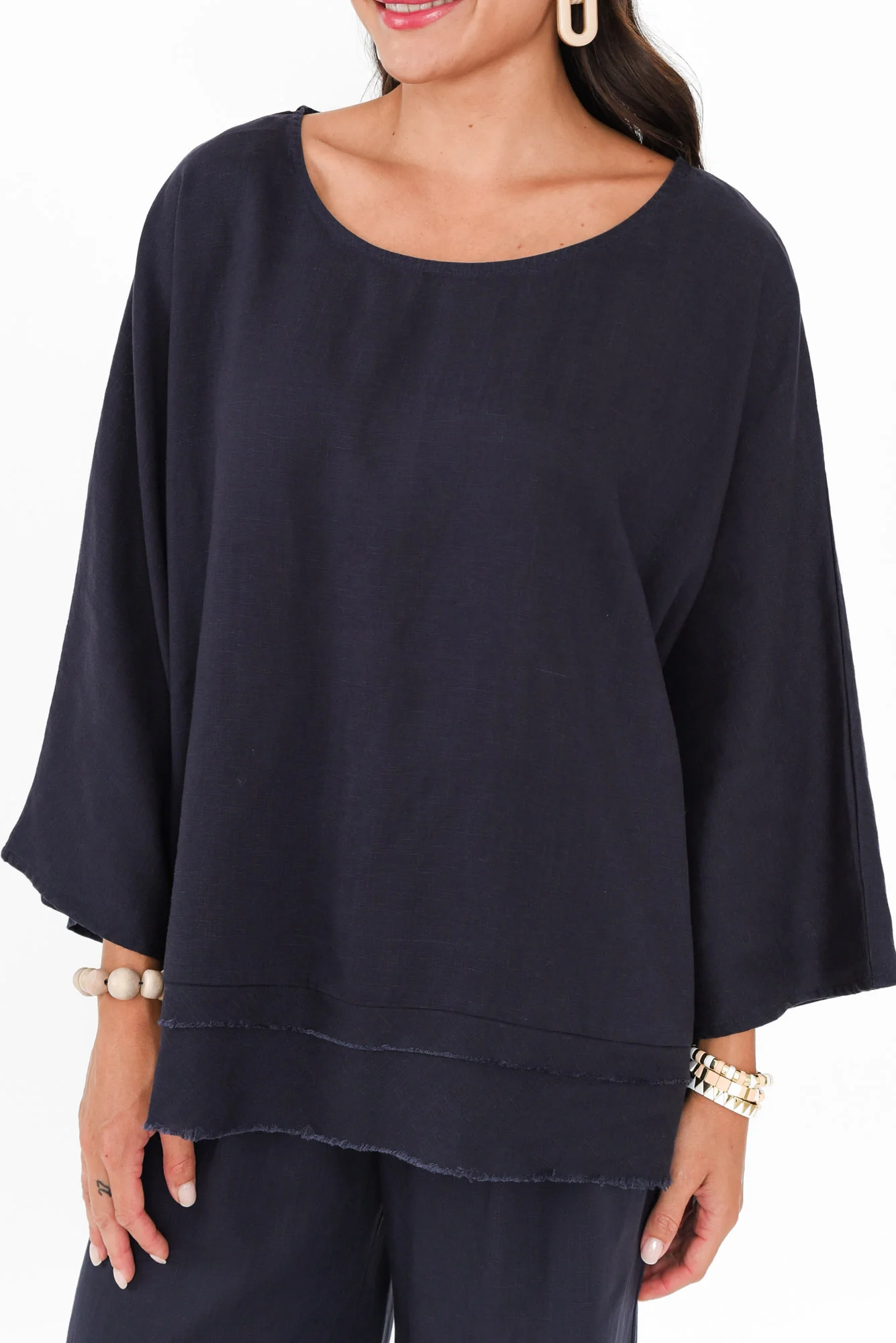 Johanna Navy Linen Blend Top