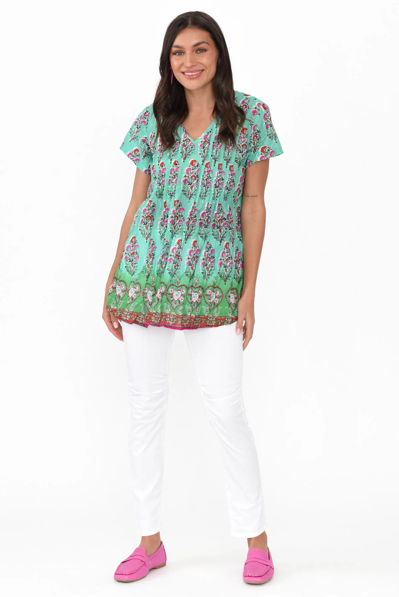 Fia Aqua Botanical Crinkle Cotton Top