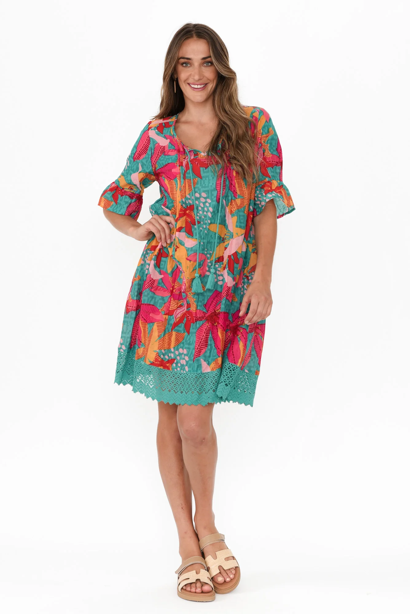 Cayman Green Floral Cotton Tunic Dress