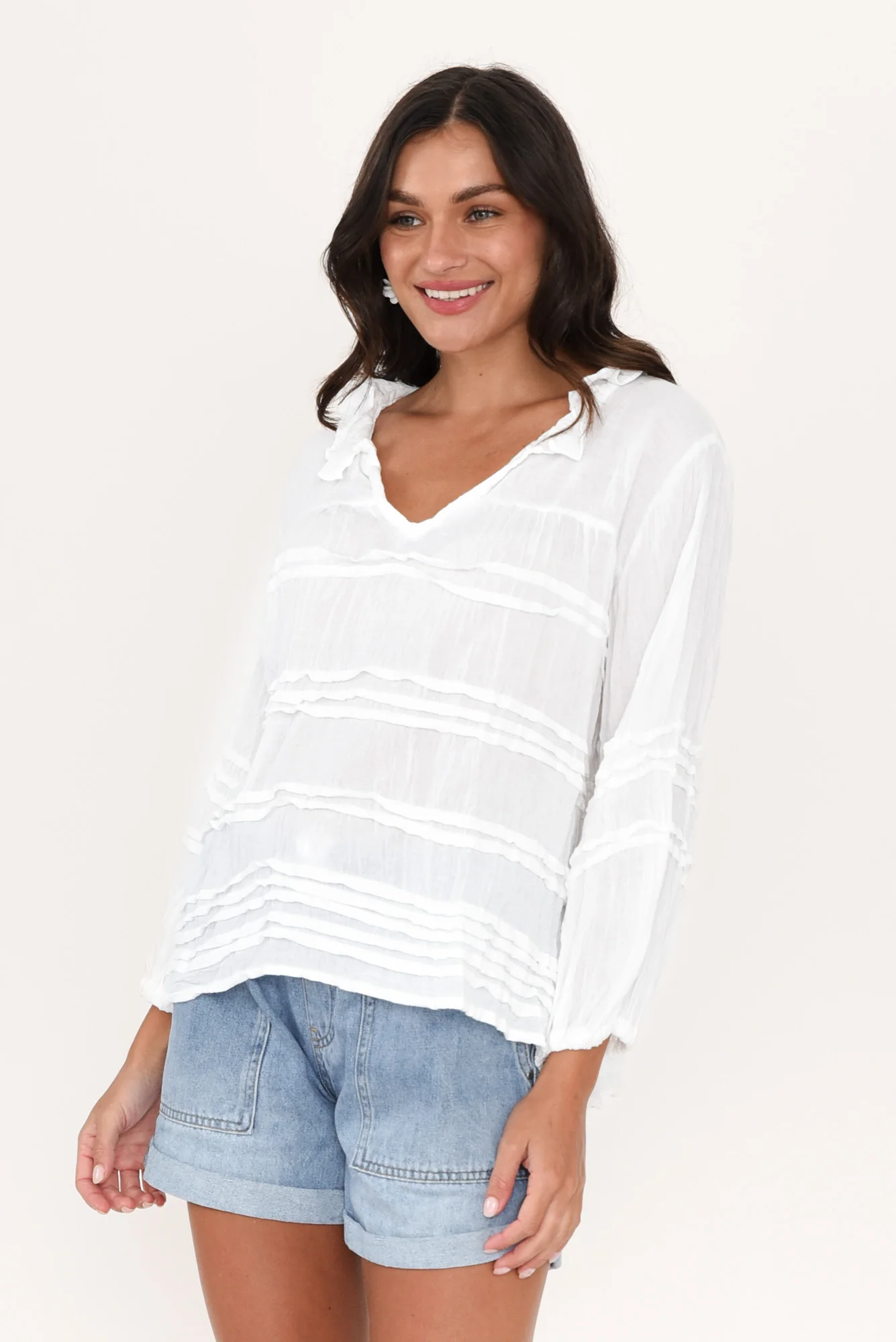 Palmer White Cotton Long Sleeve Top