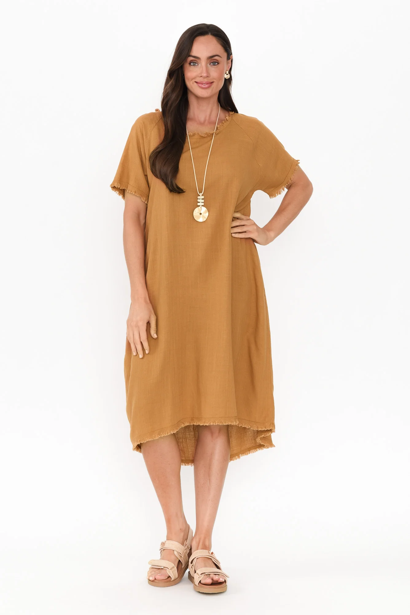 Humphrey Mustard Cotton Linen Frayed Dress