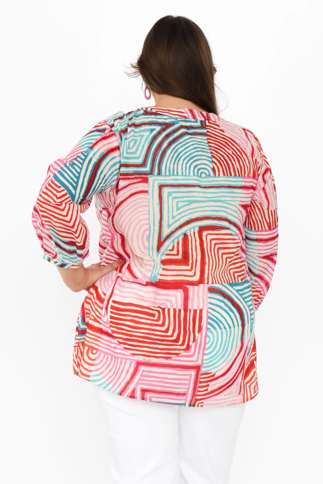 Clara Pink Geo Cotton Button Top