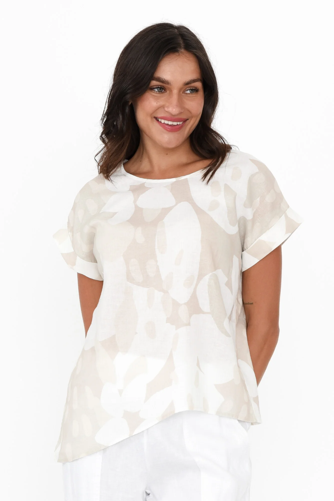 Keyla Beige Abstract Linen Cotton Top