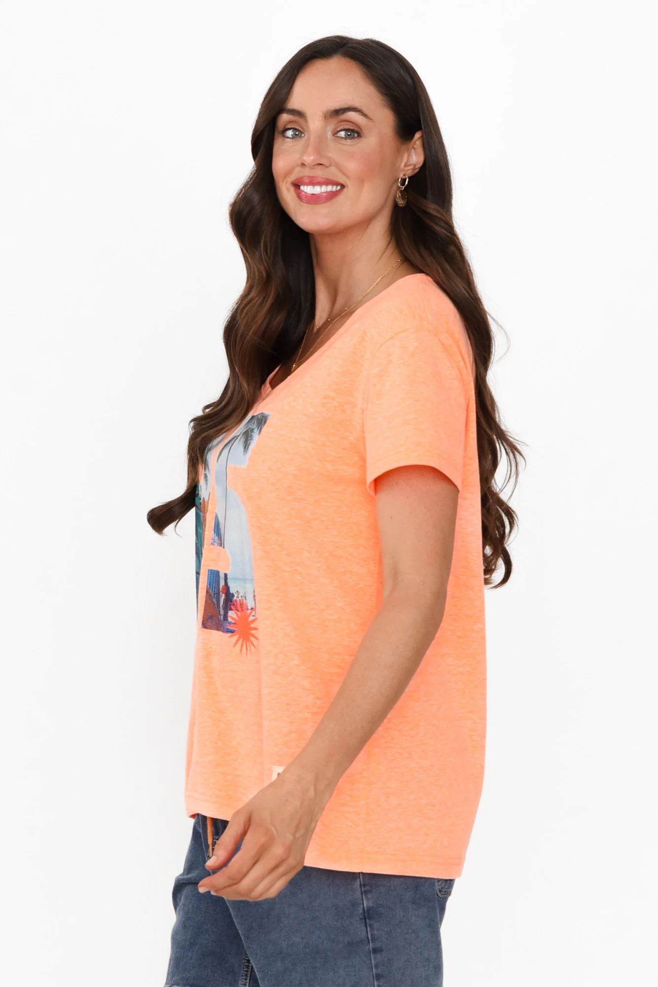 Anisha Orange Palm Cotton Blend Tee
