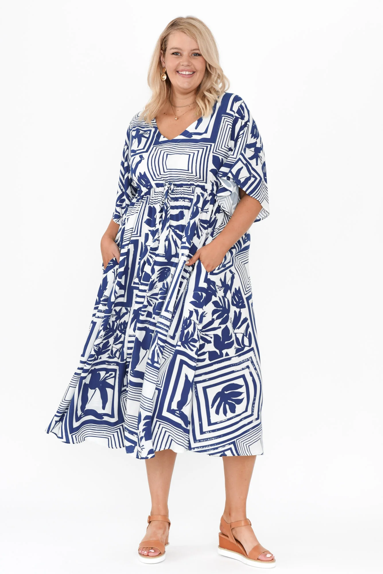 Jennifer Blue Tile Flutter Sleeve Dress