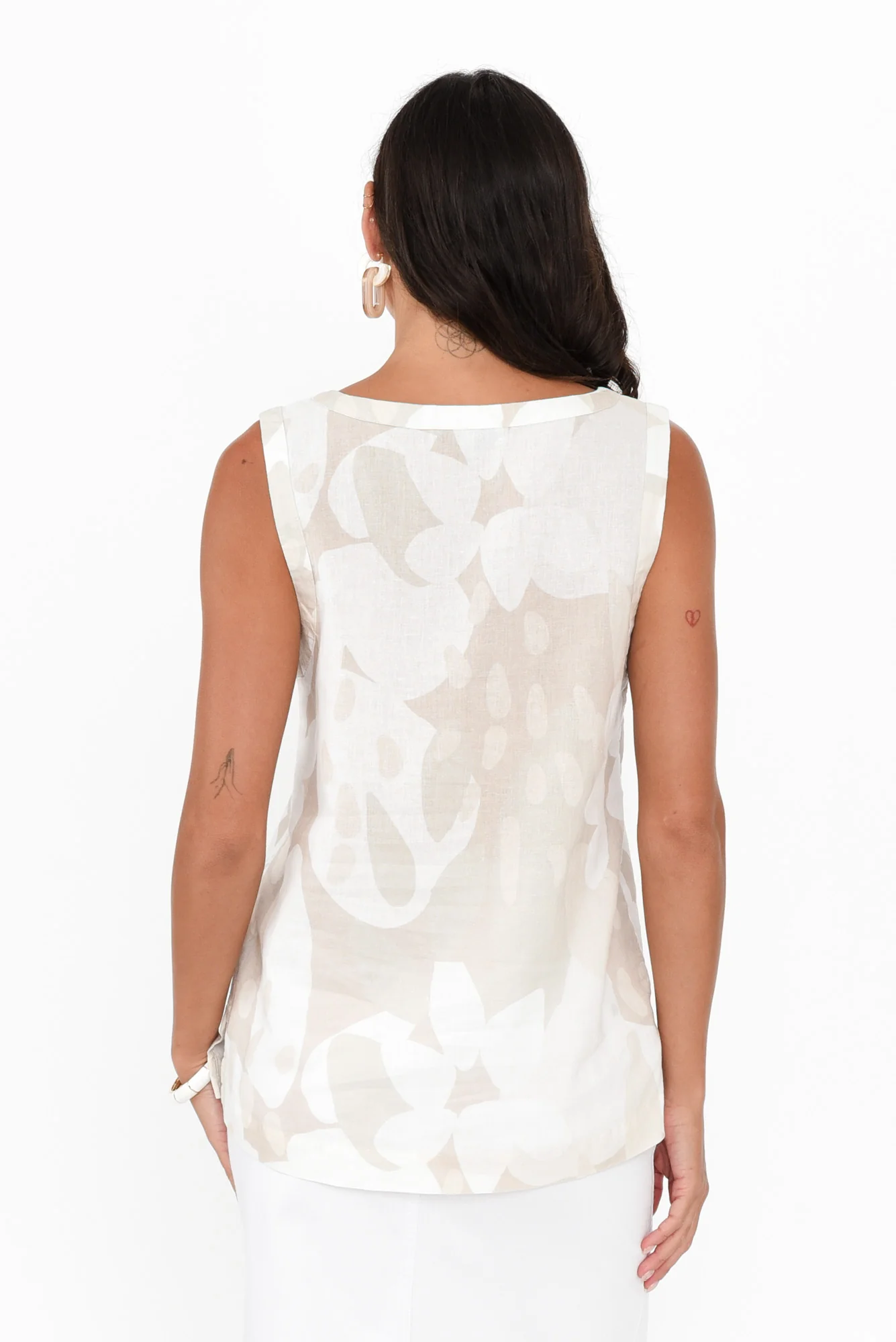 Katsia Beige Abstract Linen Cotton Tank