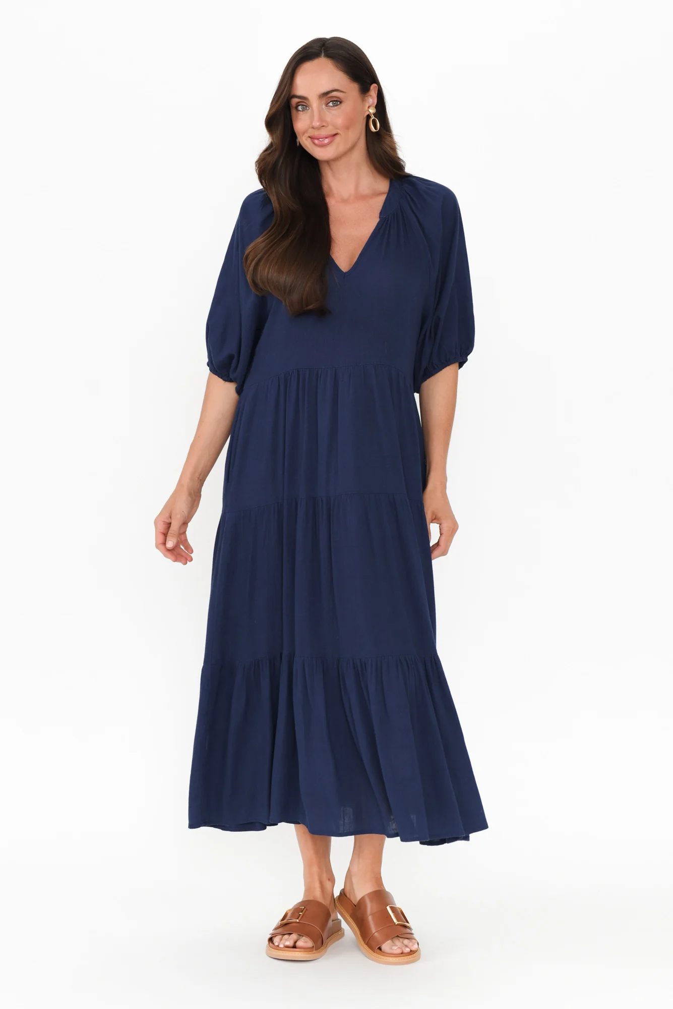 Imogene Navy Cotton Linen Tiered Dress
