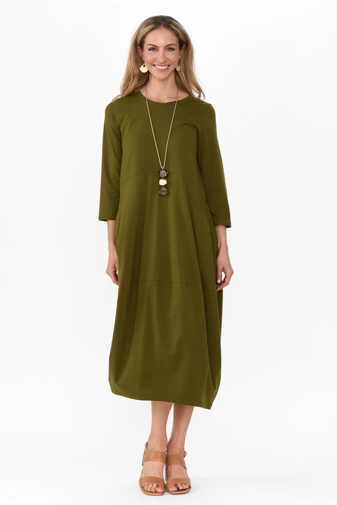 Marlyn Olive Cotton Blend Balloon Dress