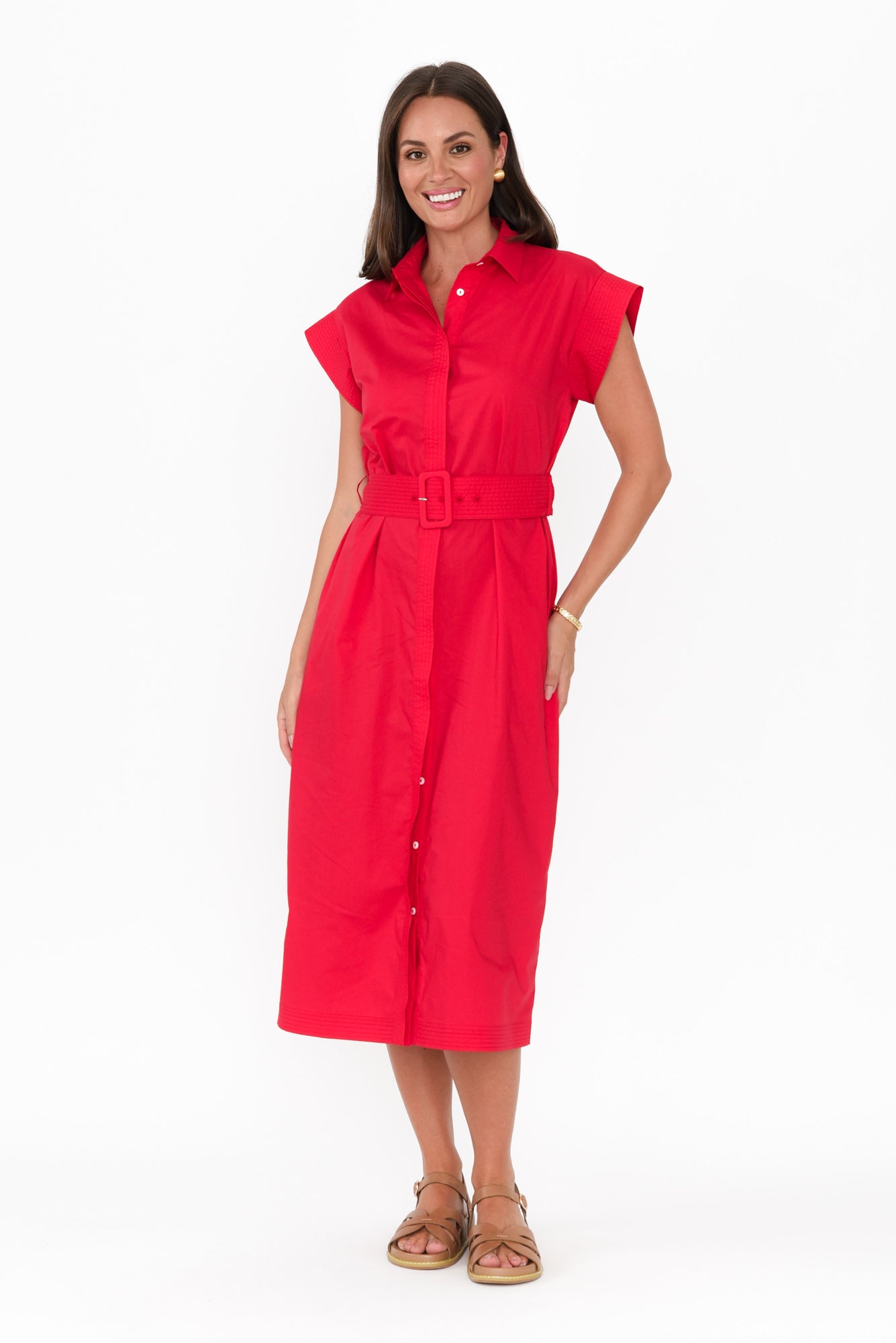 Gail Red Cotton Belted Dress