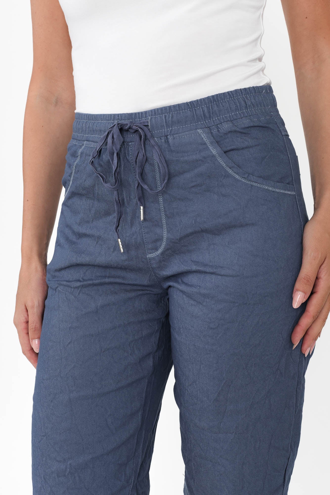 Asha Blue Cotton Blend Drawstring Shorts