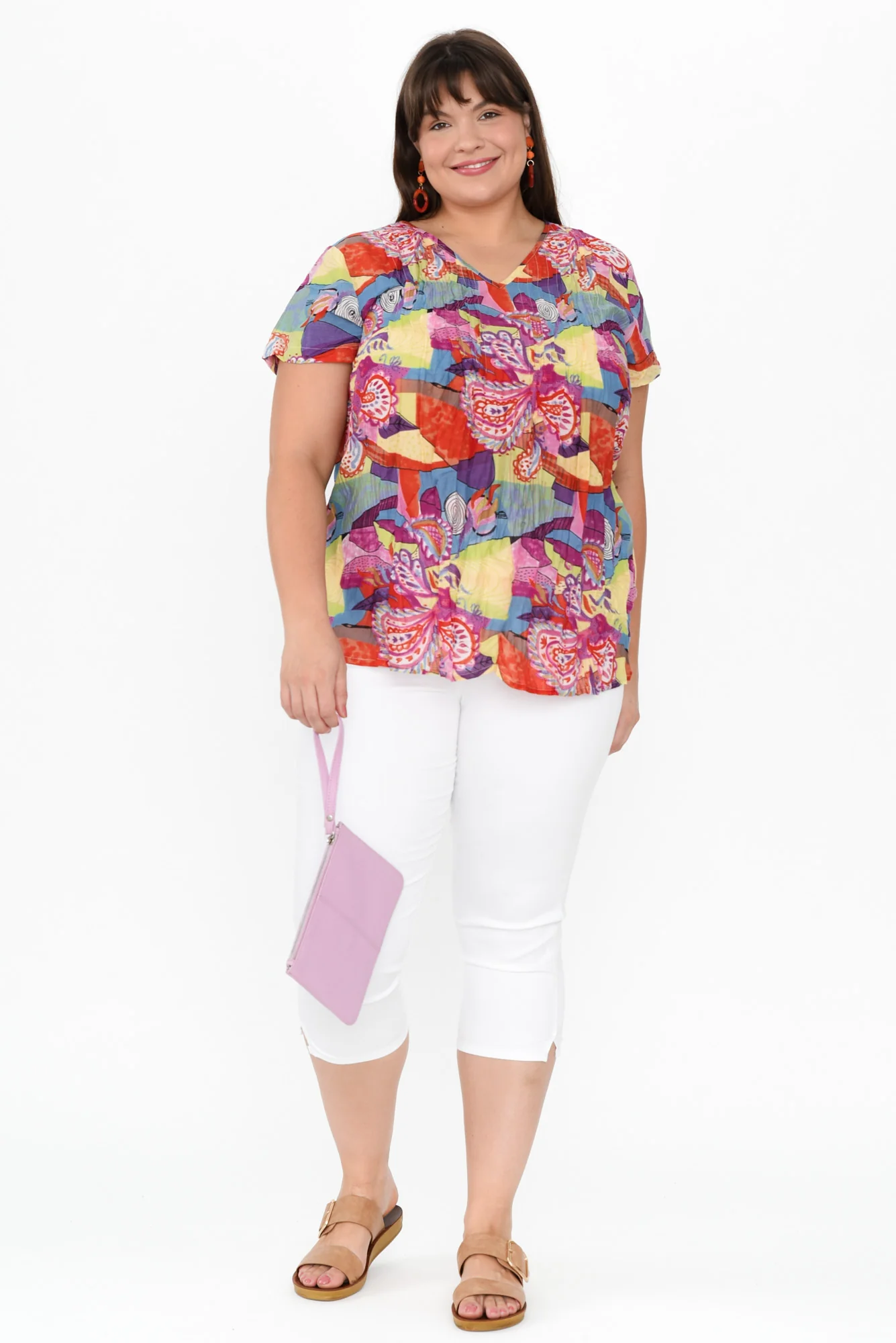 Fia Orange Geo Crinkle Cotton Top