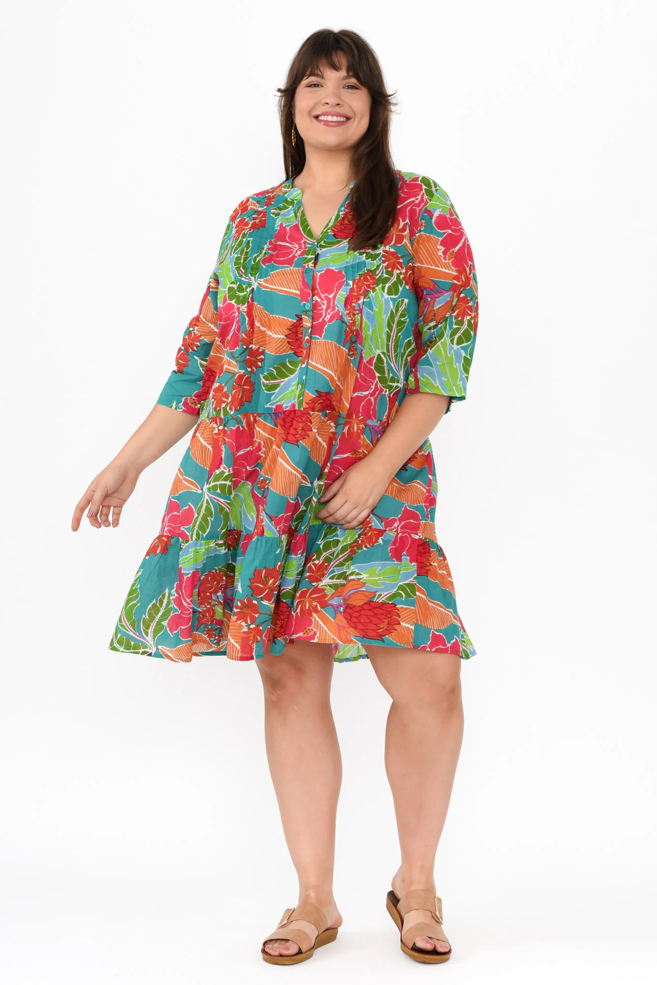 Larissa Emerald Tropical Cotton Pleated Dress