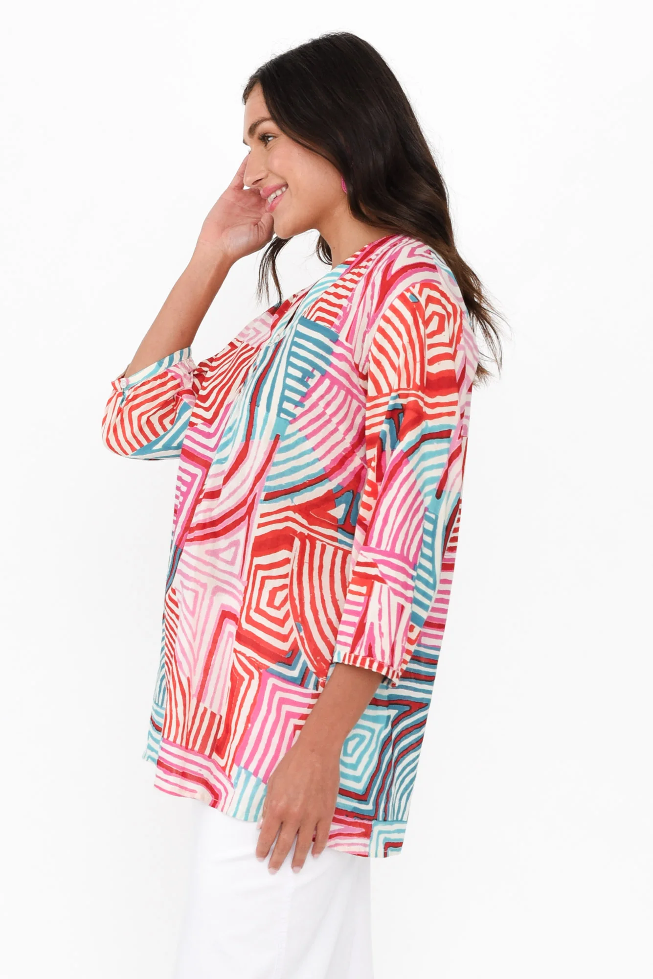 Clara Pink Geo Cotton Button Top