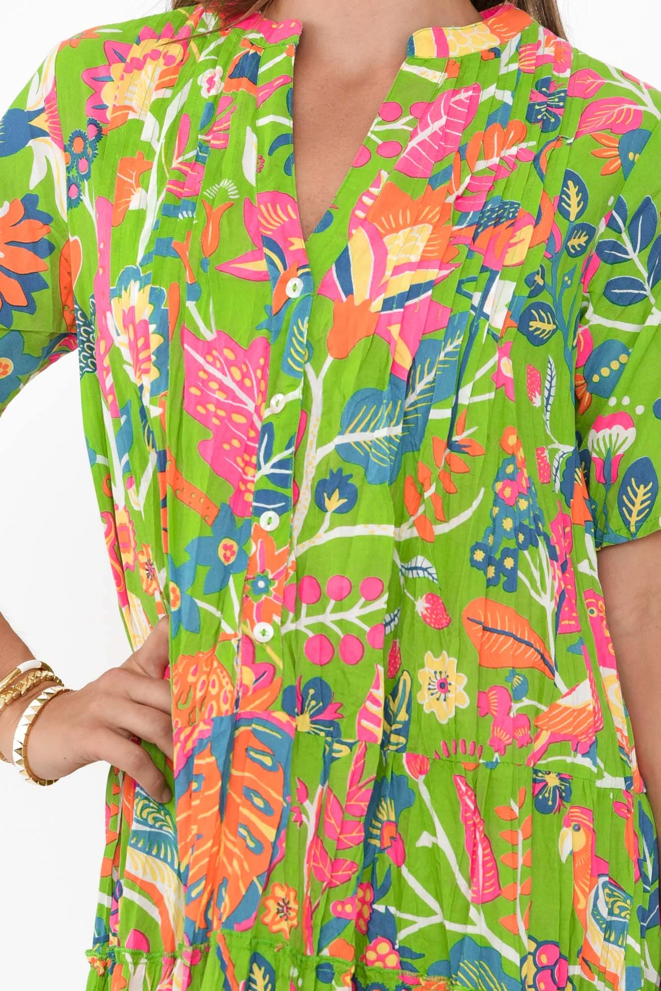 Madurai Green Floral Cotton Pleated Dress